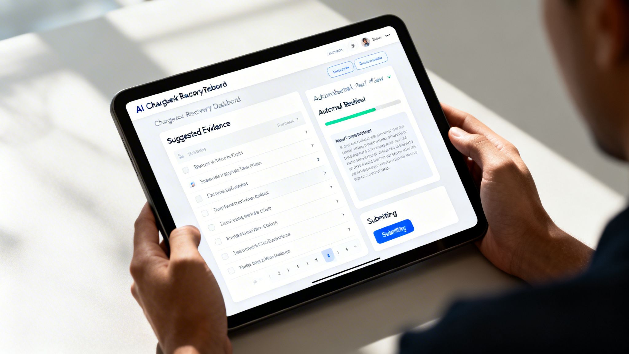 A person holds a tablet displaying an AI Chargeback Recovery Dashboard with suggested evidence and automated review sections.