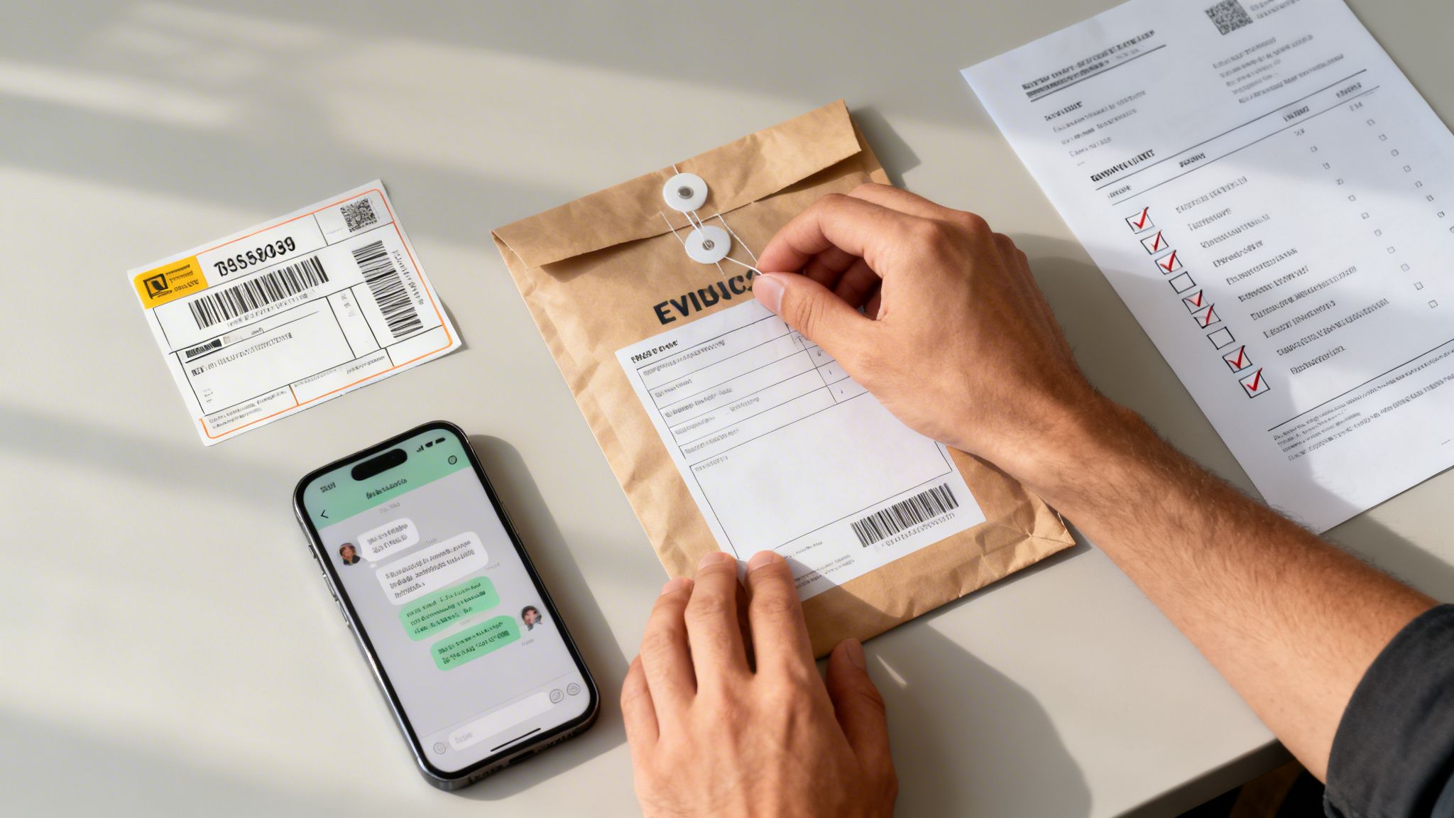 A person's hands prepare a brown envelope with documents, next to a smartphone and a delivery label.