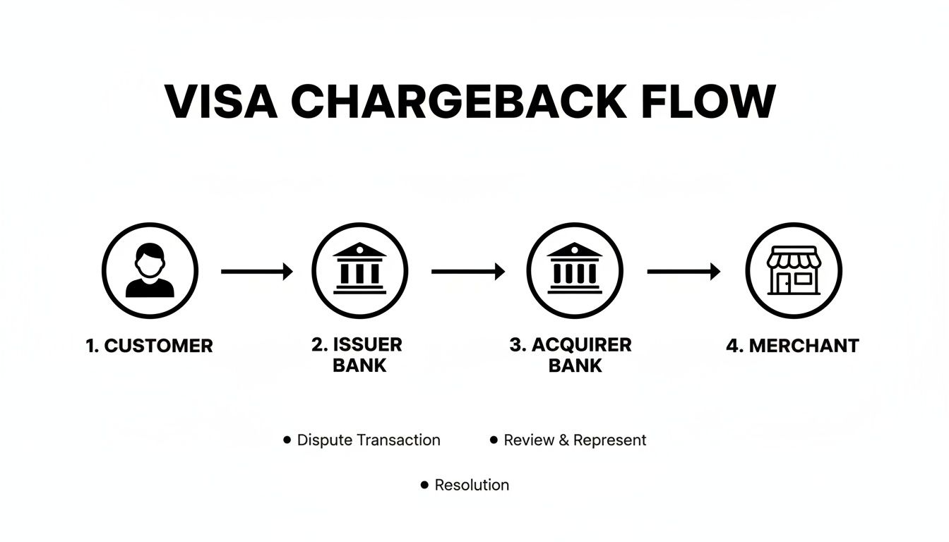 Flowchart detailing the Visa chargeback process from customer dispute through issuer and acquirer banks to the merchant.