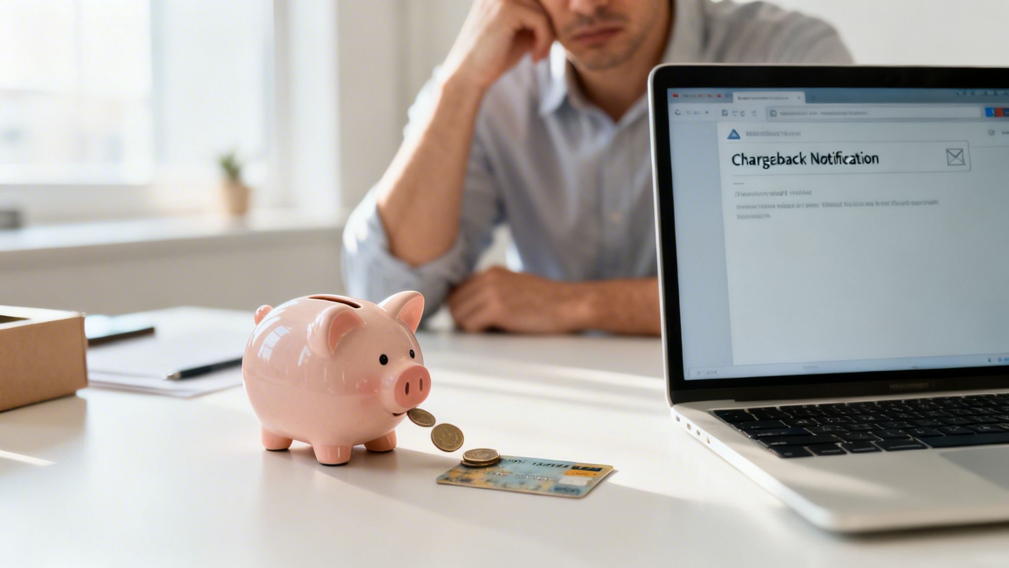A man looks stressed next to a laptop displaying a 'Chargeback Notification' and a piggy bank losing coins onto a credit card.