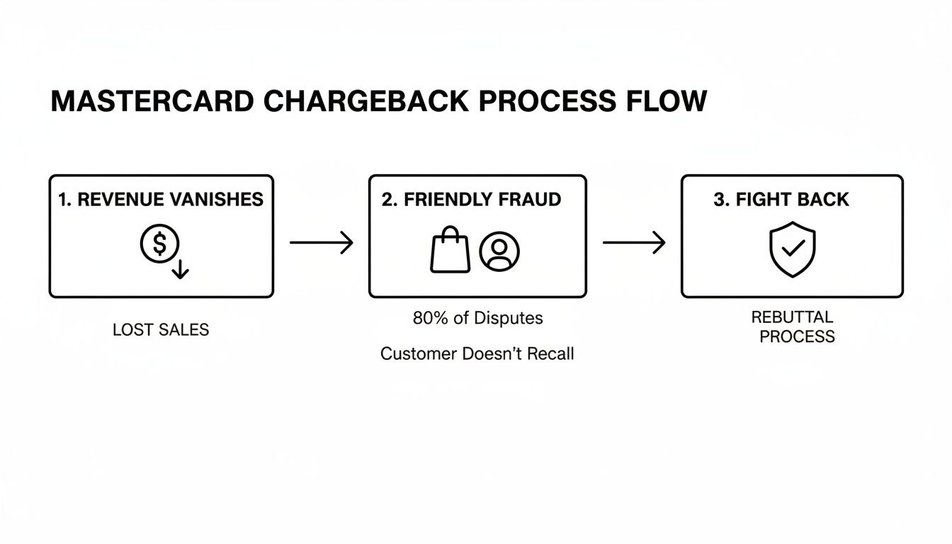 A Mastercard chargeback process flow diagram detailing revenue vanishing, friendly fraud, and the rebuttal process.