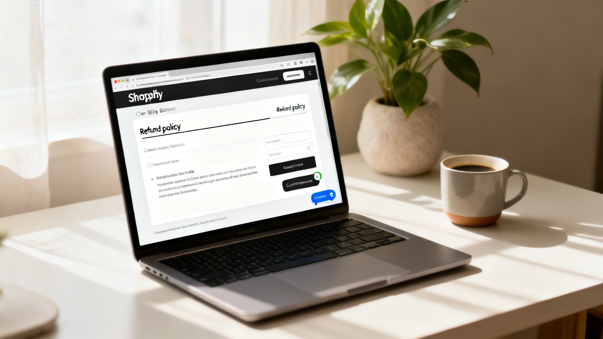 A laptop on a white desk displaying a refund policy page, with a coffee cup and plant.