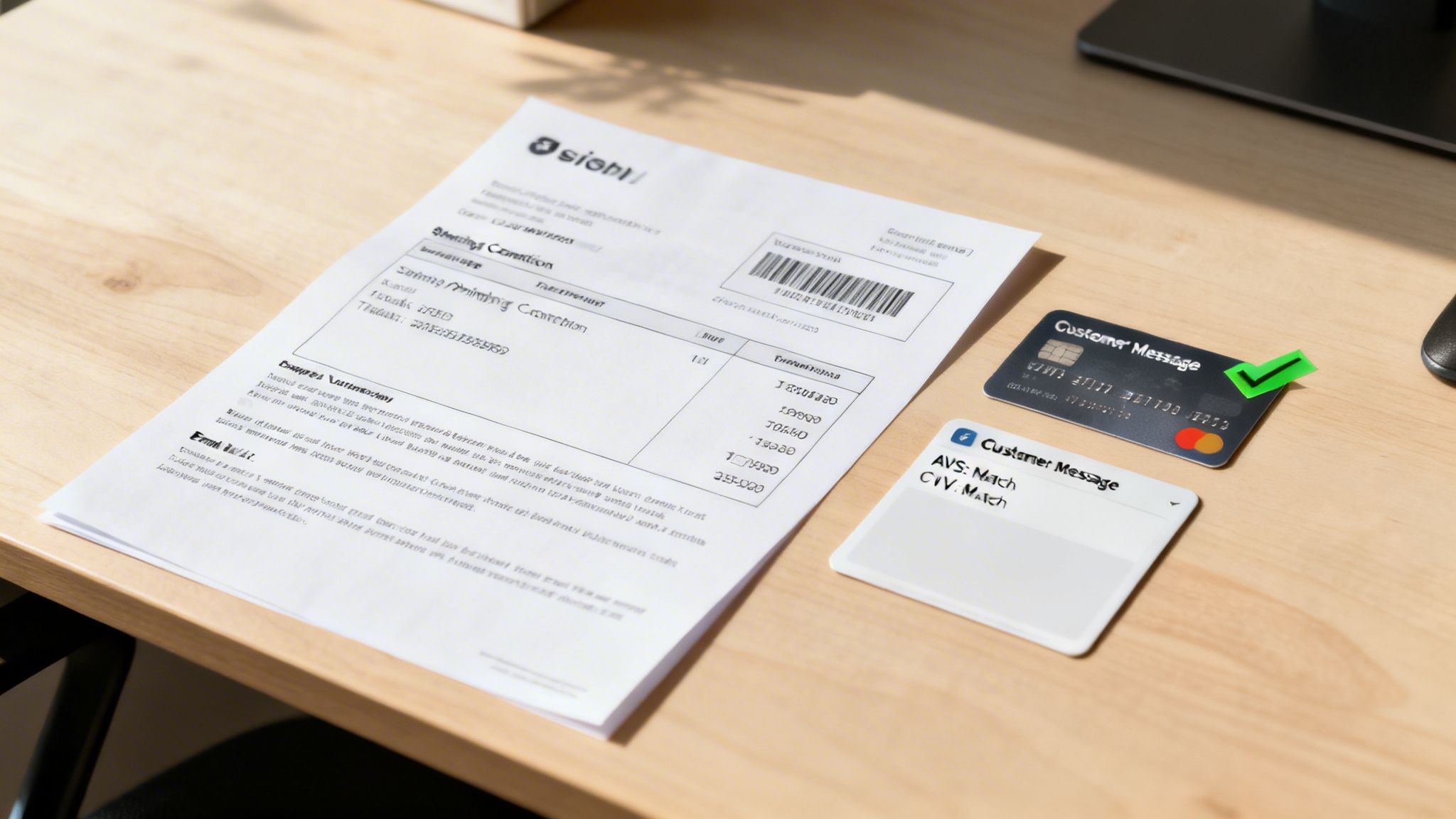 A credit card and transaction verification details with an invoice on a wooden desk, indicating a successful payment.