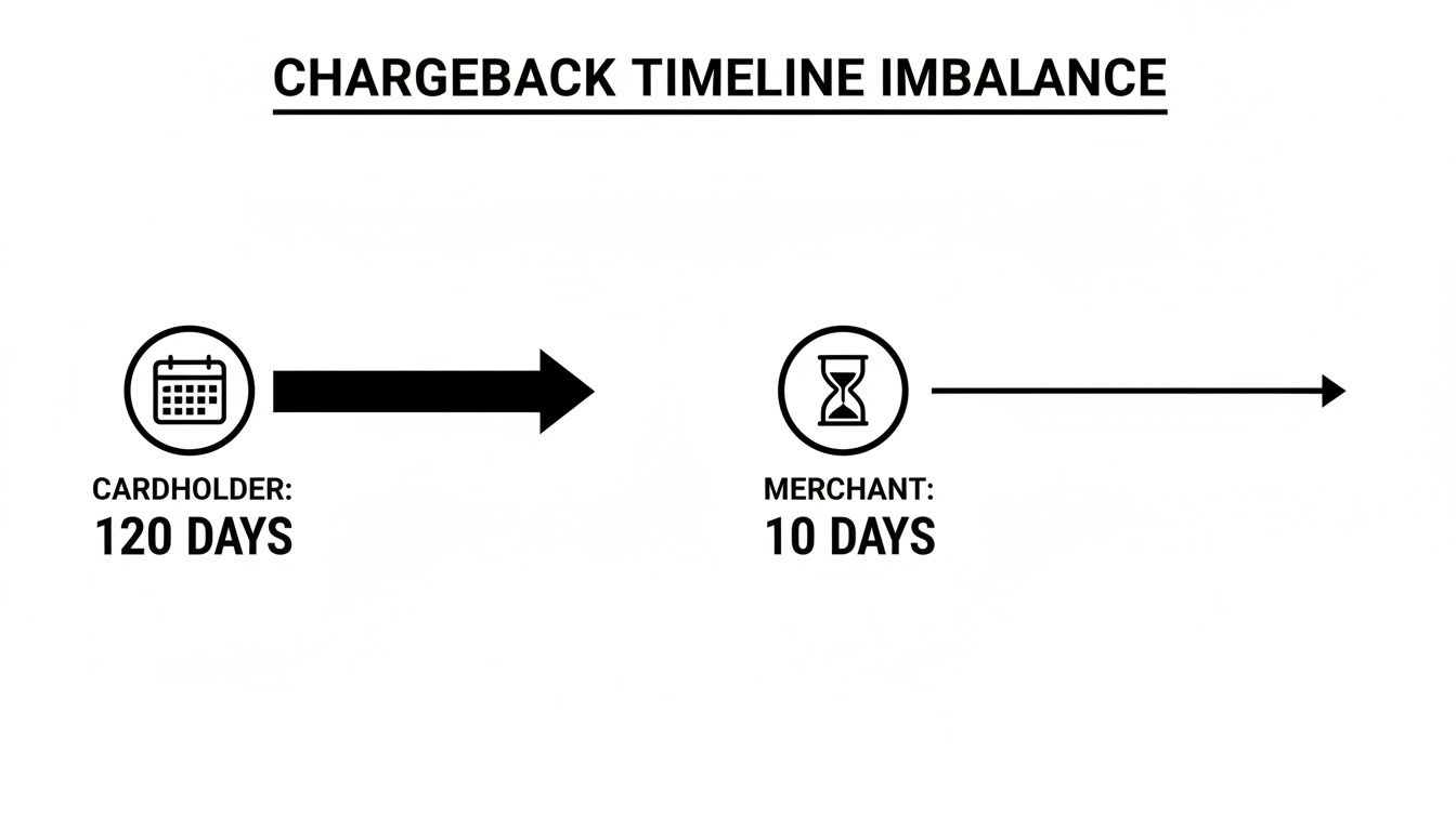 Diagram showing chargeback timeline imbalance: Cardholders have 120 days, merchants 10 days.