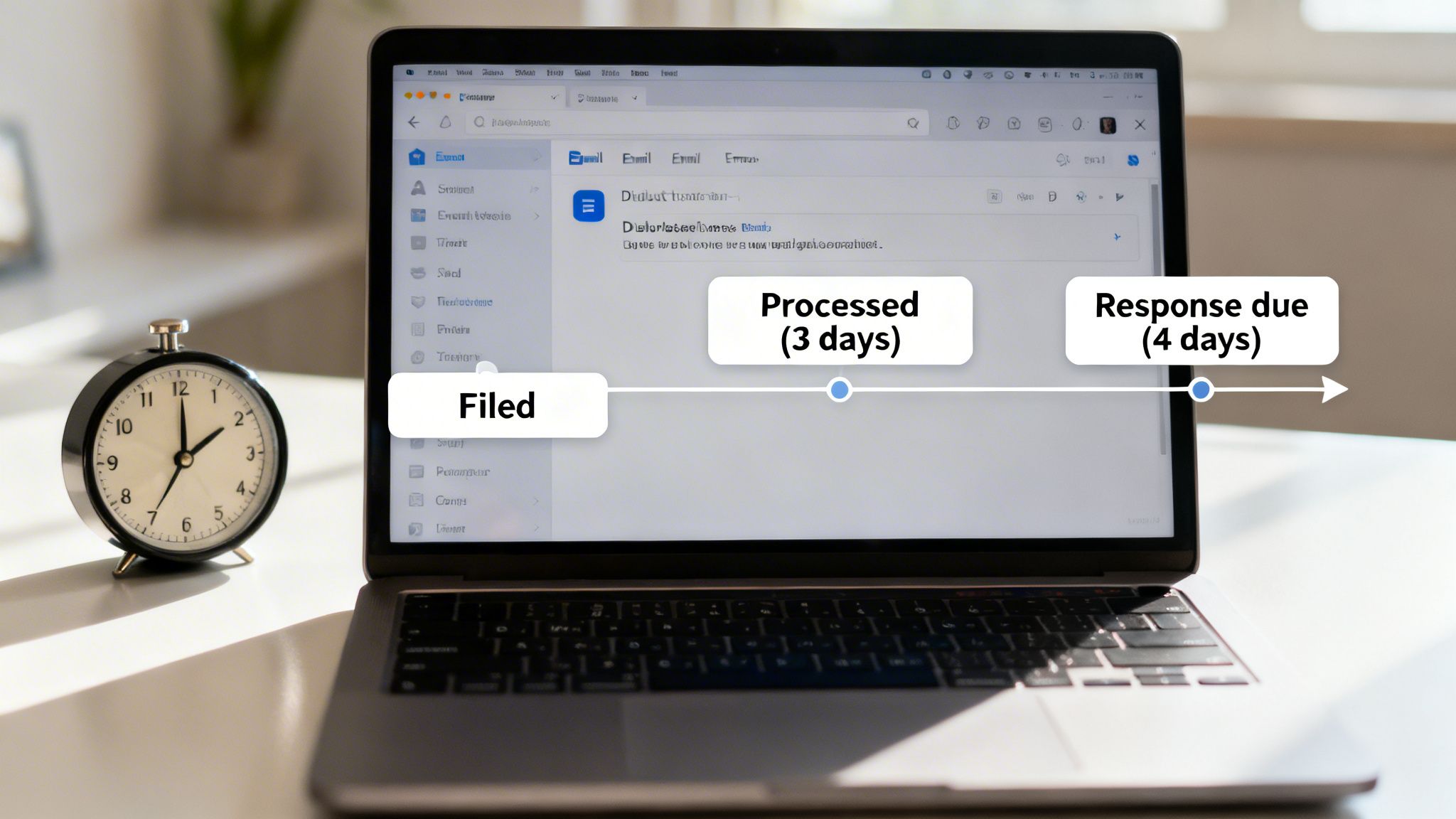 A laptop displays an email timeline showing 'Filed', 'Processed (3 days)', and 'Response due (4 days)', with an alarm clock.