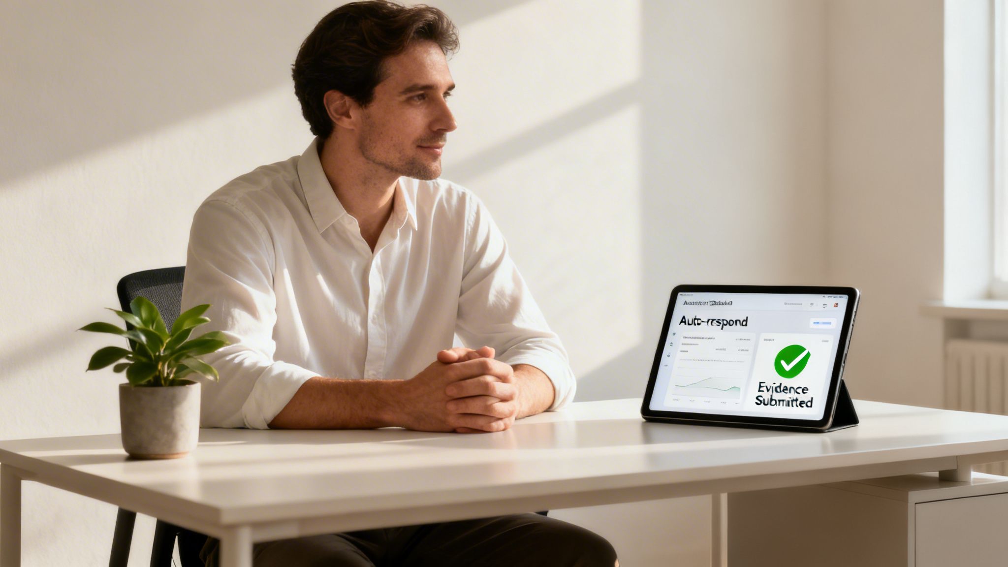 A man in a white shirt sits at a desk, looking at a tablet displaying 'Evidence Submitted'.