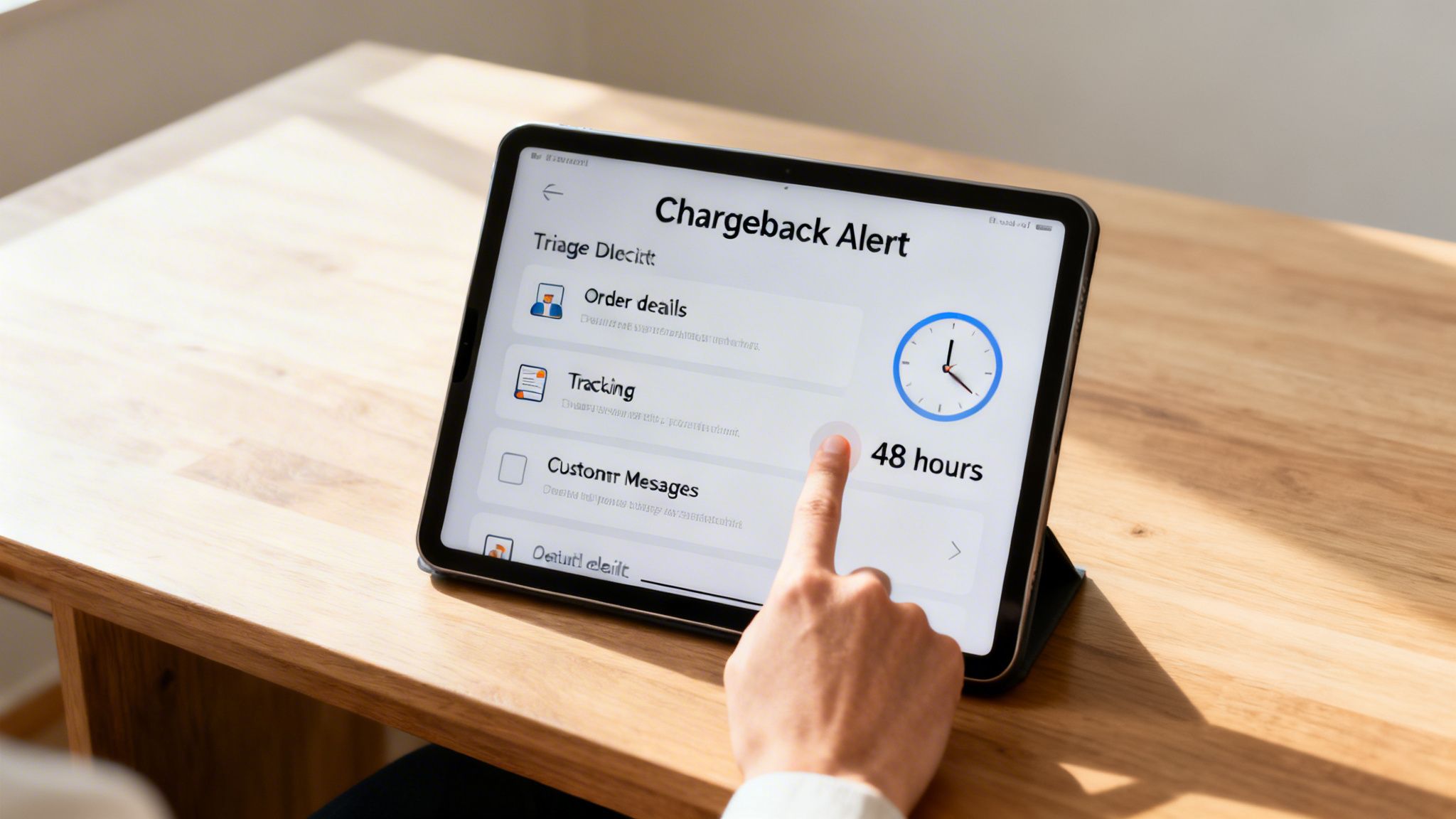 A hand taps a tablet displaying a 'Chargeback Alert' screen with a 48-hour deadline.