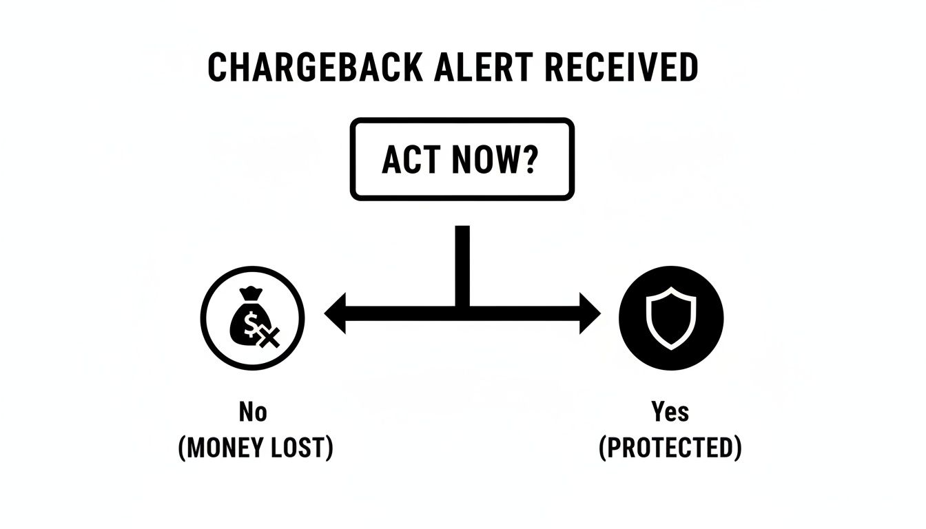 A flowchart showing options for a chargeback alert: act now for protection or lose money.