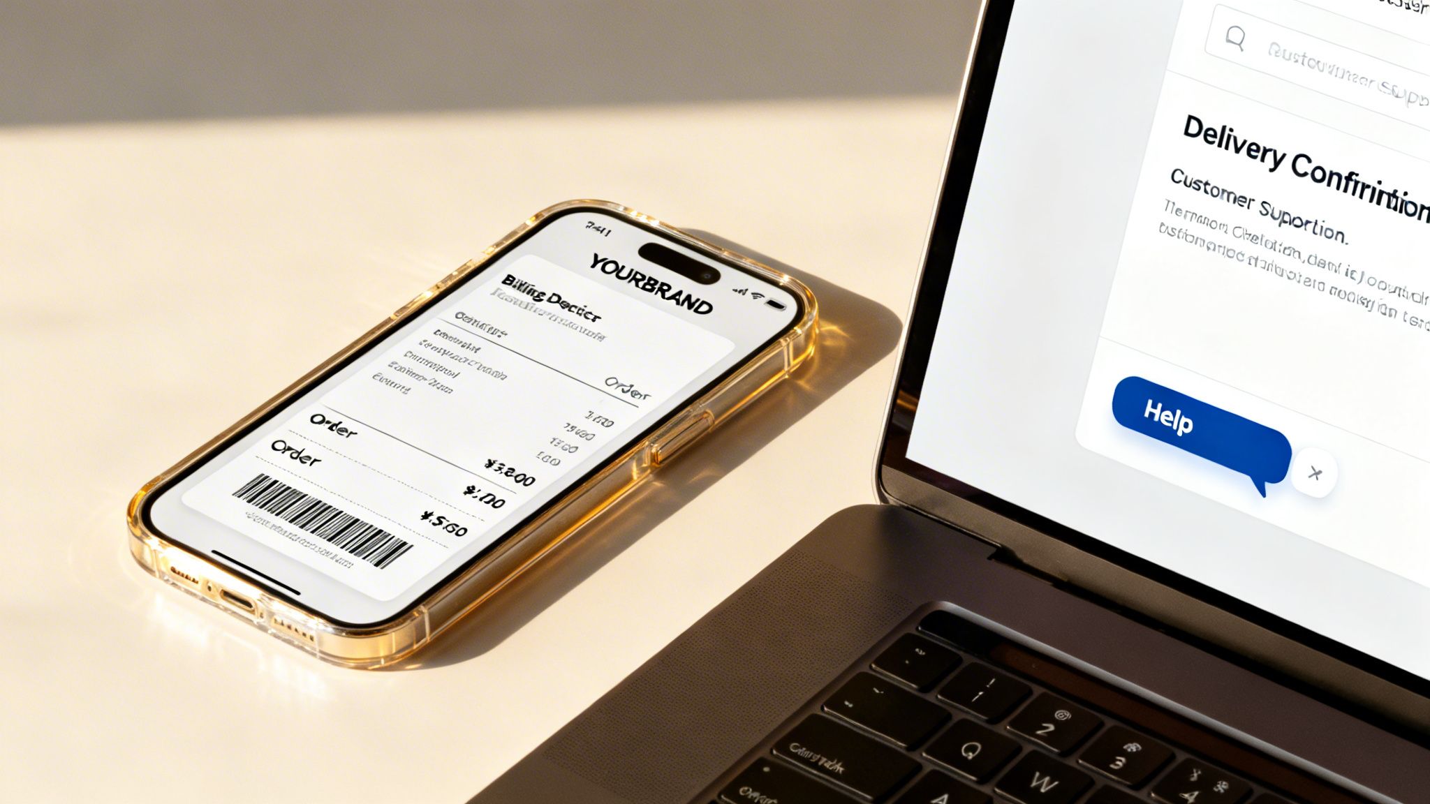 A smartphone displaying a digital receipt lies next to a laptop showing delivery confirmation and a help chat.