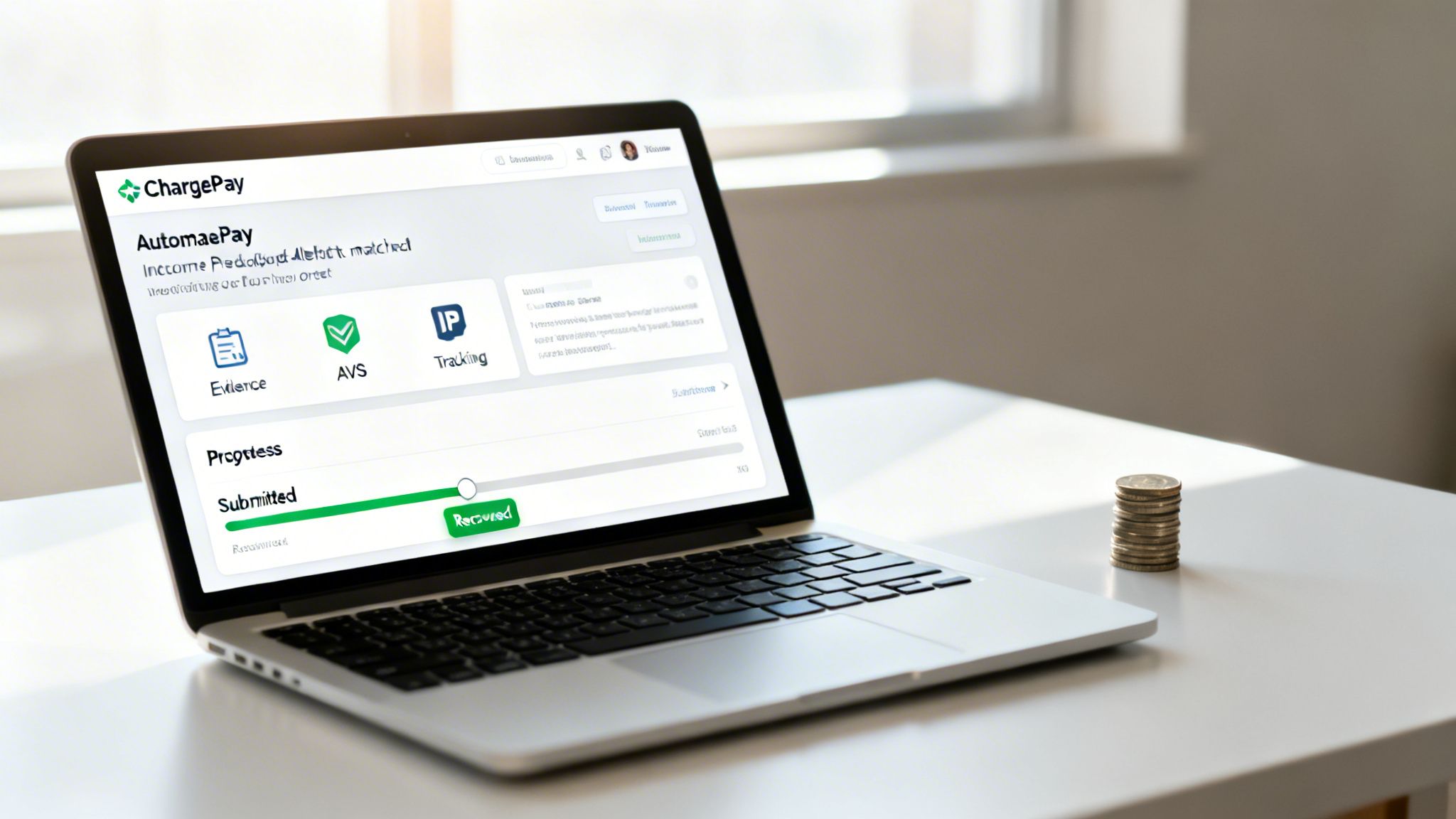 A laptop on a white desk displays a progress bar and icons, beside a stack of coins.