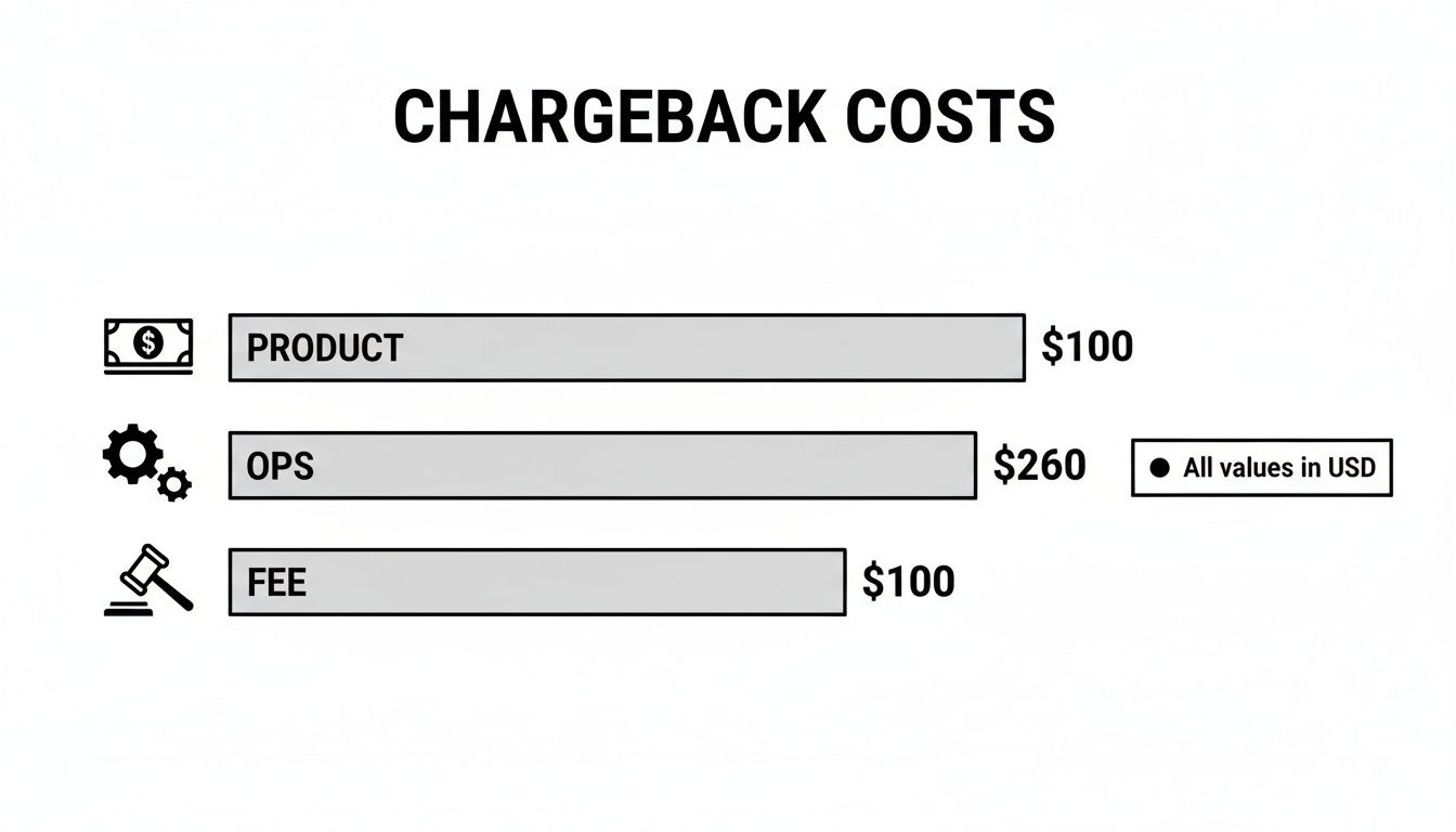A chart detailing chargeback costs, showing product at $100, ops at $260, and fees at $100, all in USD.