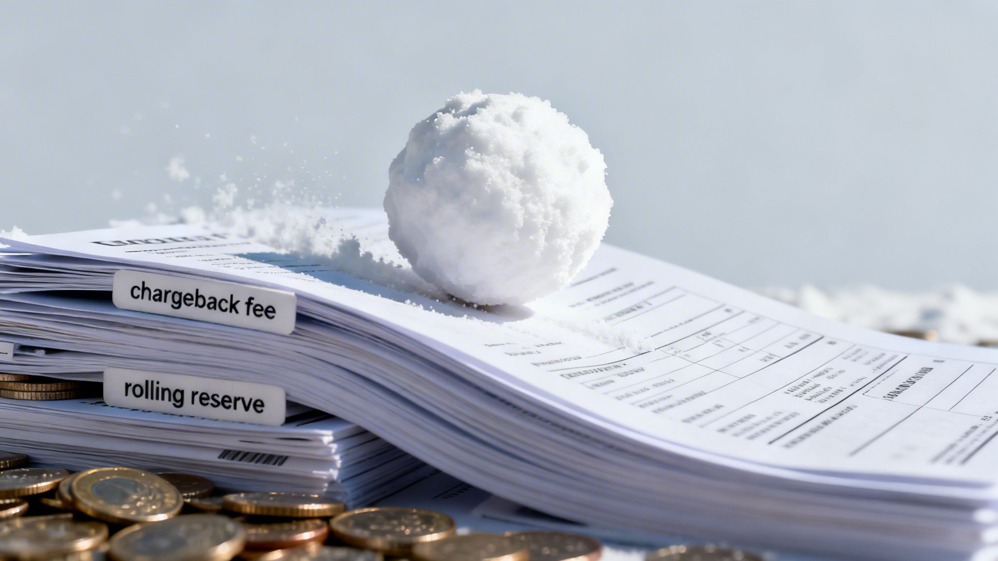 A snowball rolls down financial documents labeled 'chargeback fee' and 'rolling reserve' with coins.