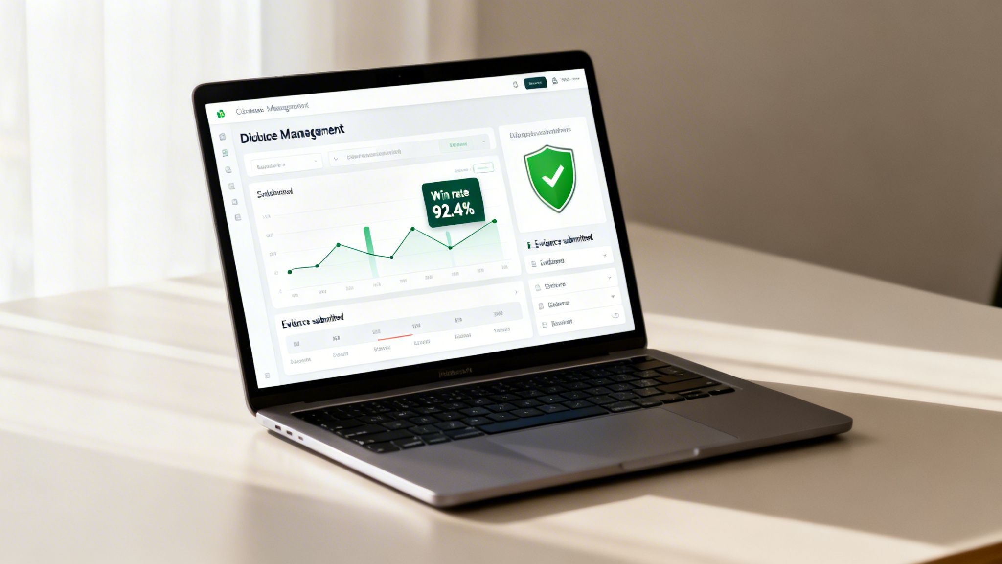 A laptop screen displays a chargeback management dashboard, showing a win rate chart and a security shield.