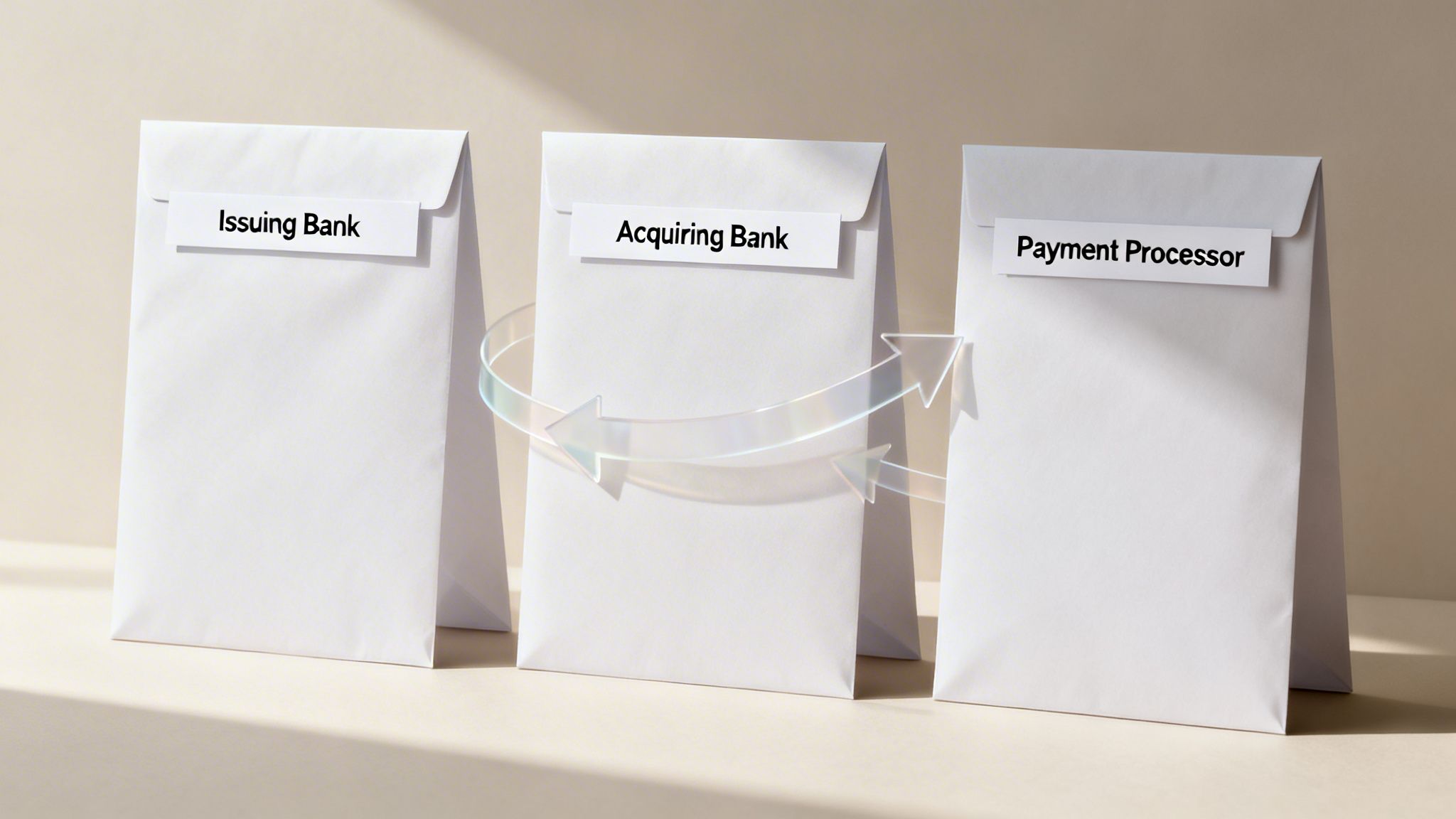Envelopes labeled 'Issuing Bank', 'Acquiring Bank', 'Payment Processor' illustrate payment processing flow.