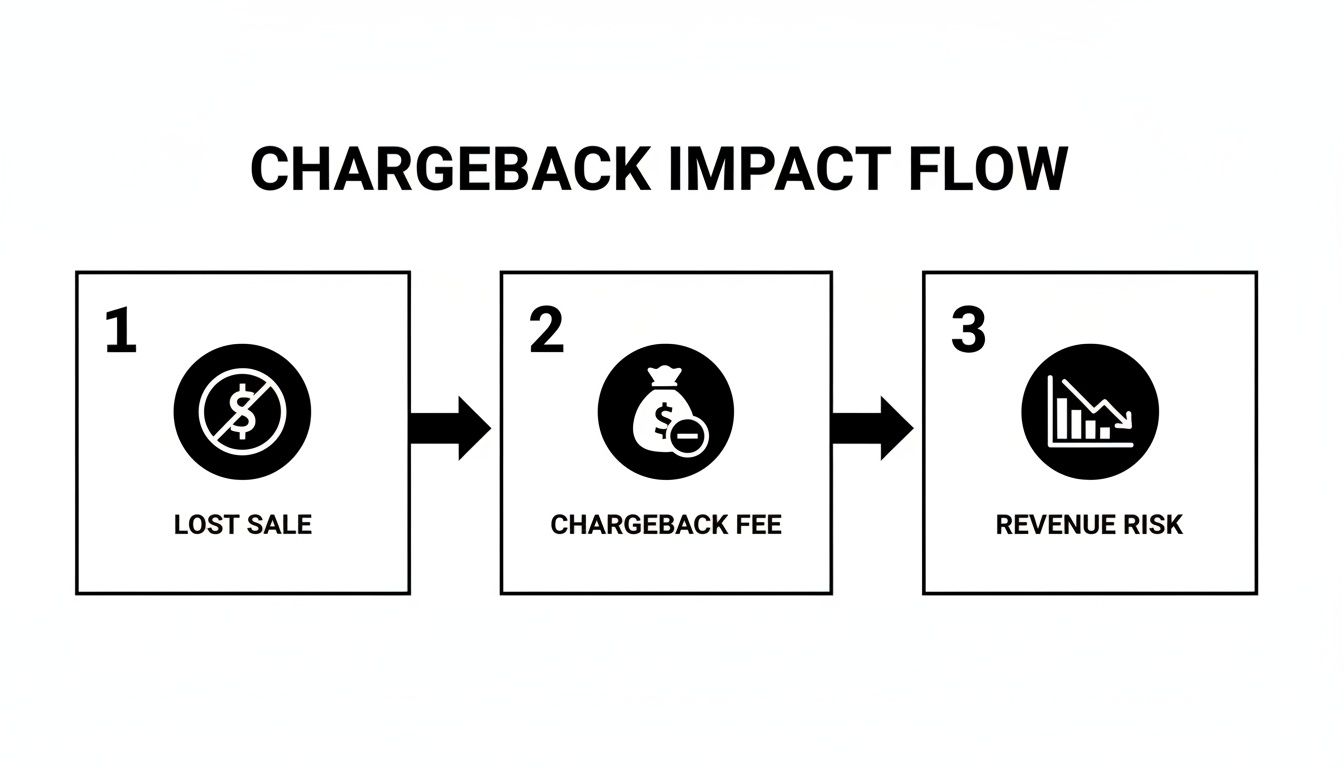 A diagram illustrating the chargeback impact flow: lost sales, chargeback fees, and revenue risk.