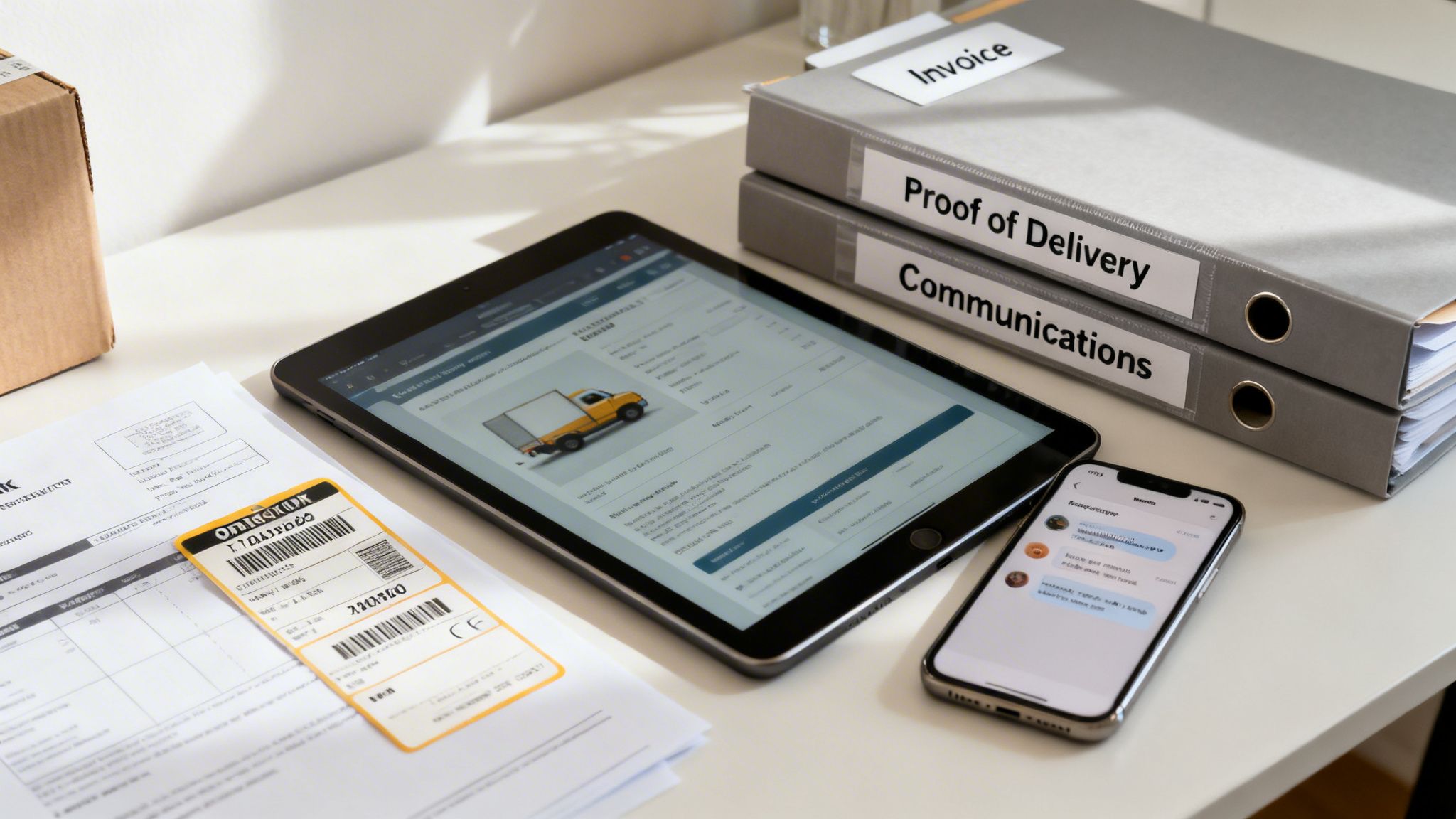 A modern desk setting for delivery and logistics management with digital and physical tools.
