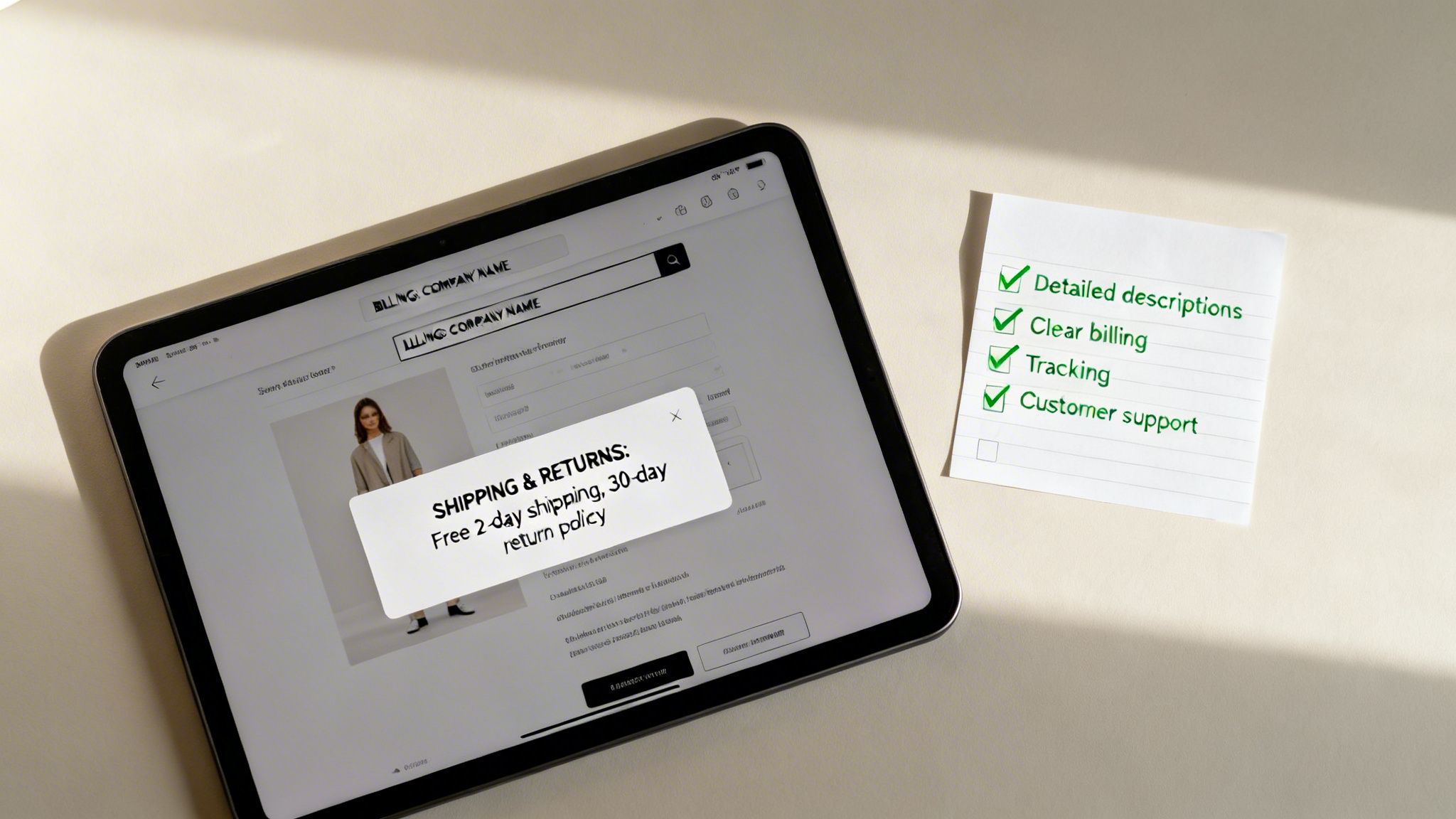 E-commerce website on tablet showing shipping policy, next to a checklist for excellent customer service.