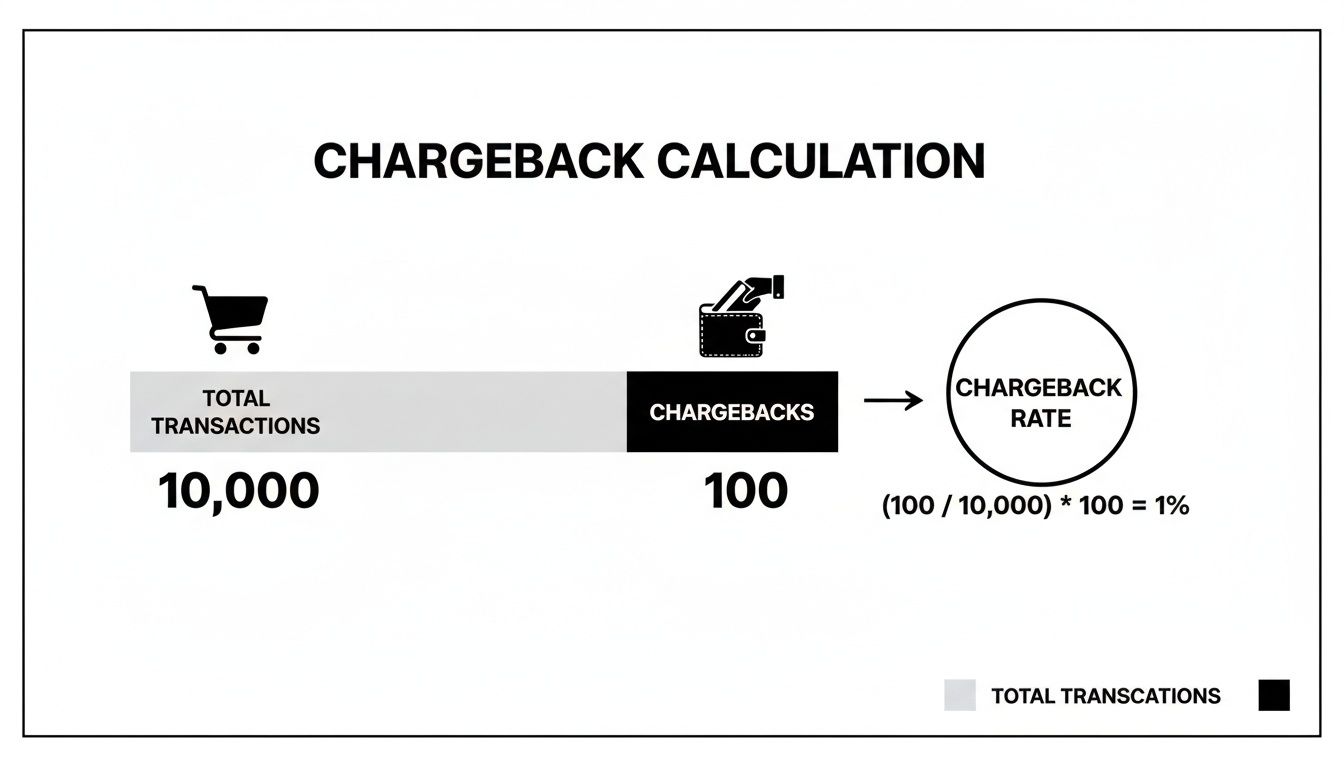 Diagram illustrating chargeback calculation: 10,000 total transactions, 100 chargebacks, resulting in a 1% rate.