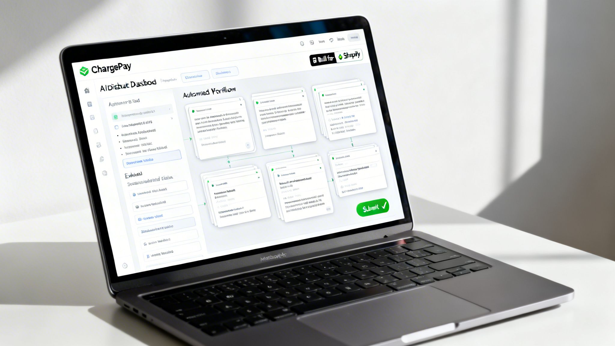 A laptop displays ChargePay software with an automated workflow, showing interconnected cards and a 'Submit' button. Built for Shopify.