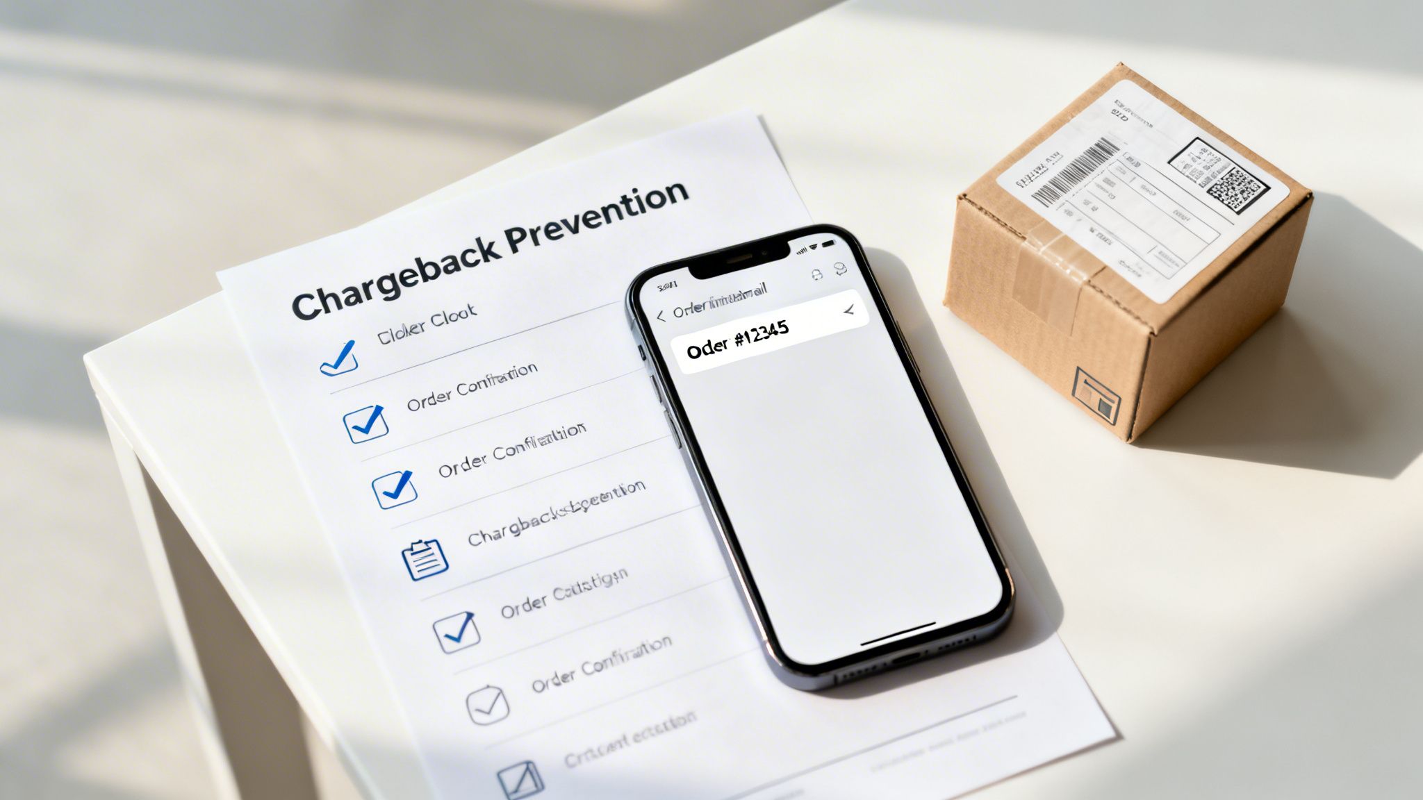 A checklist for chargeback prevention, a smartphone showing 'Order #12345', and a shipping box.