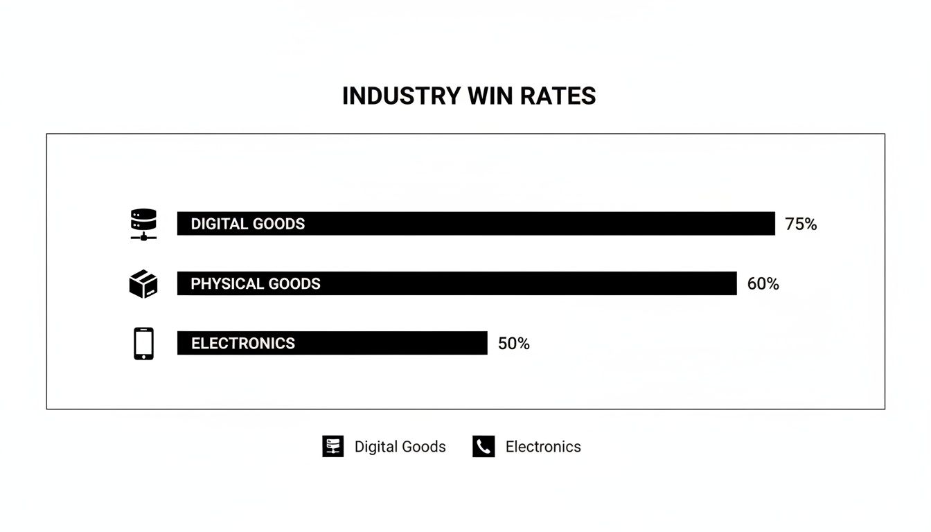 Bar chart displaying industry win rates for Digital Goods (75%), Physical Goods (60%), and Electronics (50%).