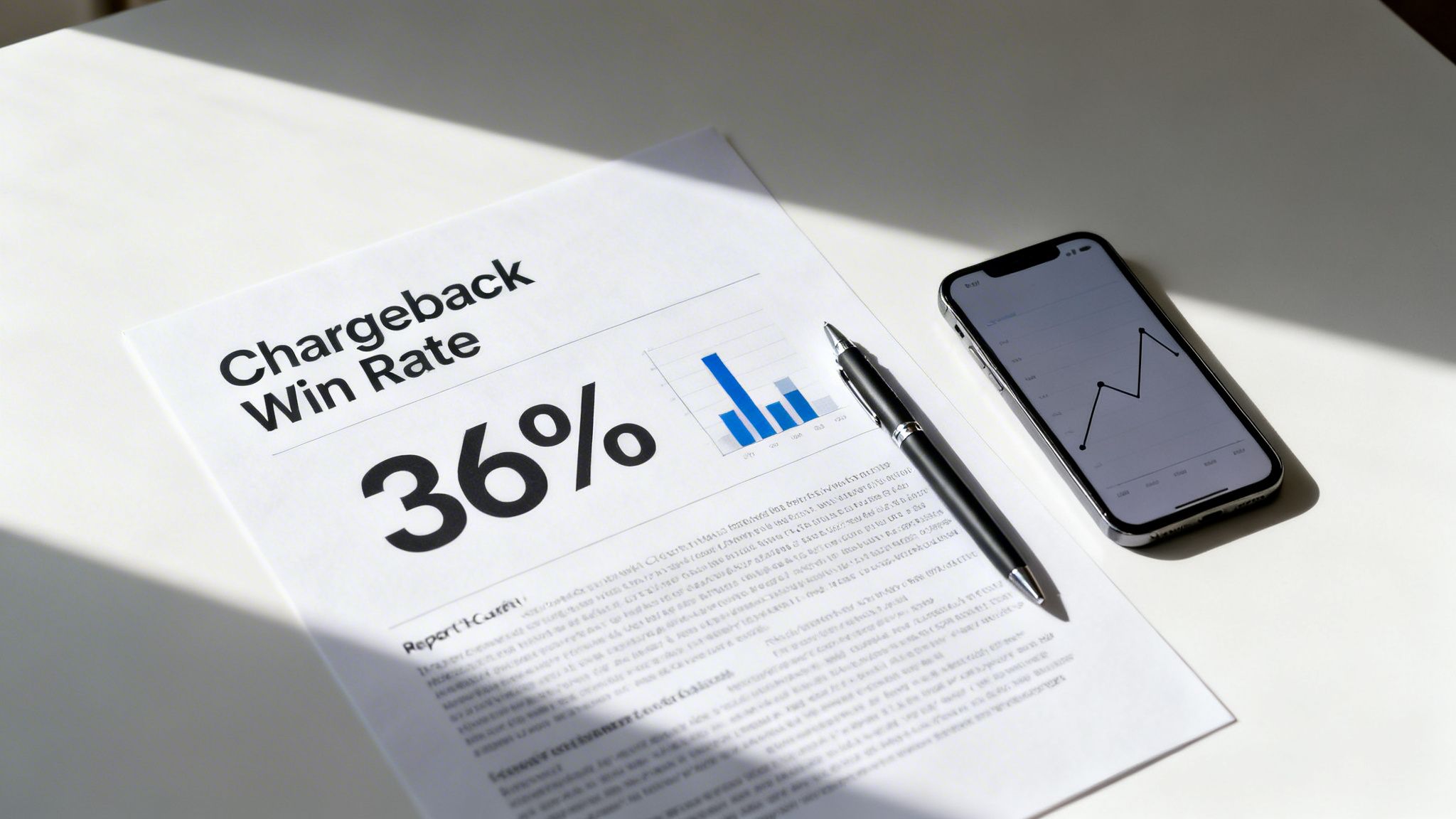 A document titled 'Chargeback Win Rate 36%' with a bar chart, a pen, and a smartphone showing a line graph.