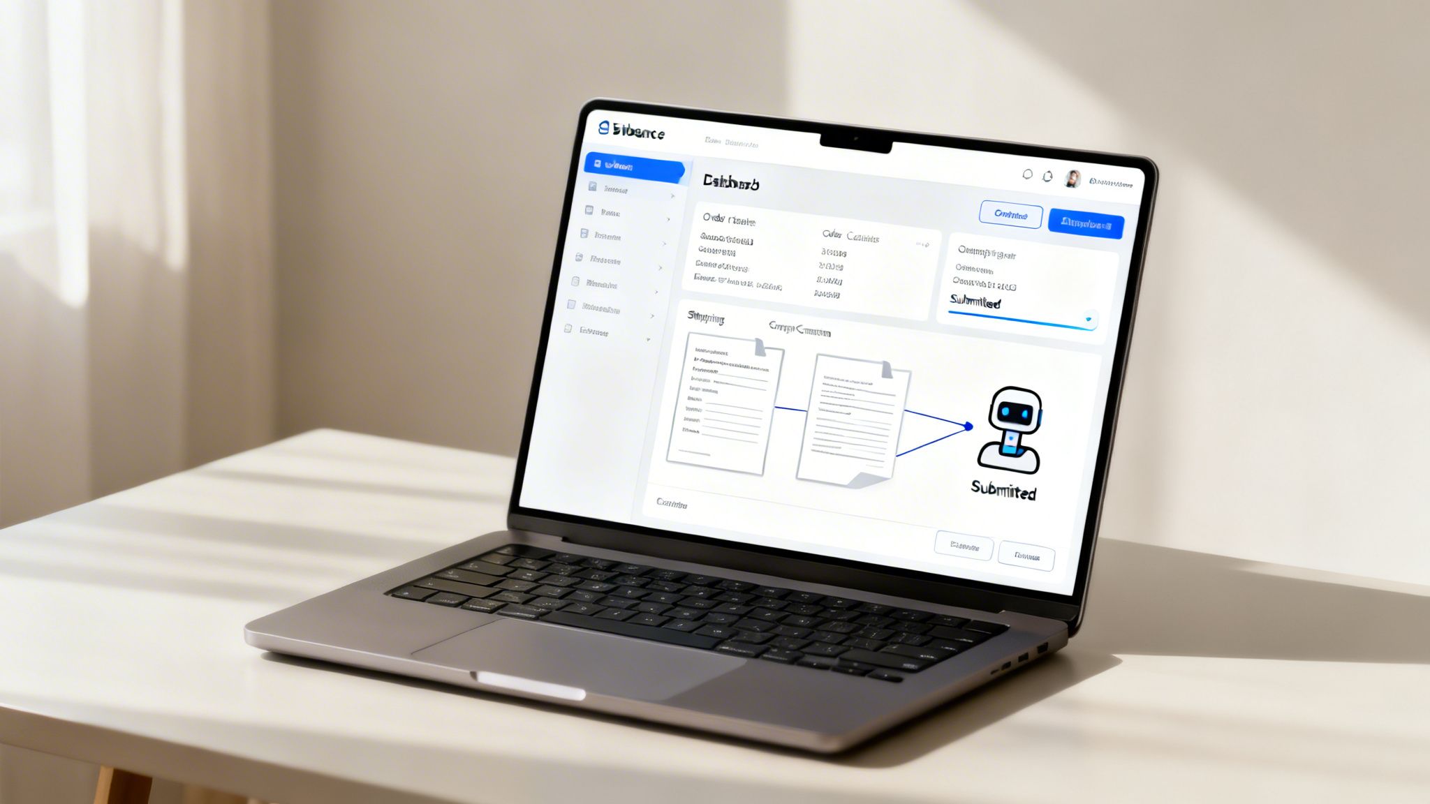 A laptop on a desk displaying a software interface for document workflow and automation.