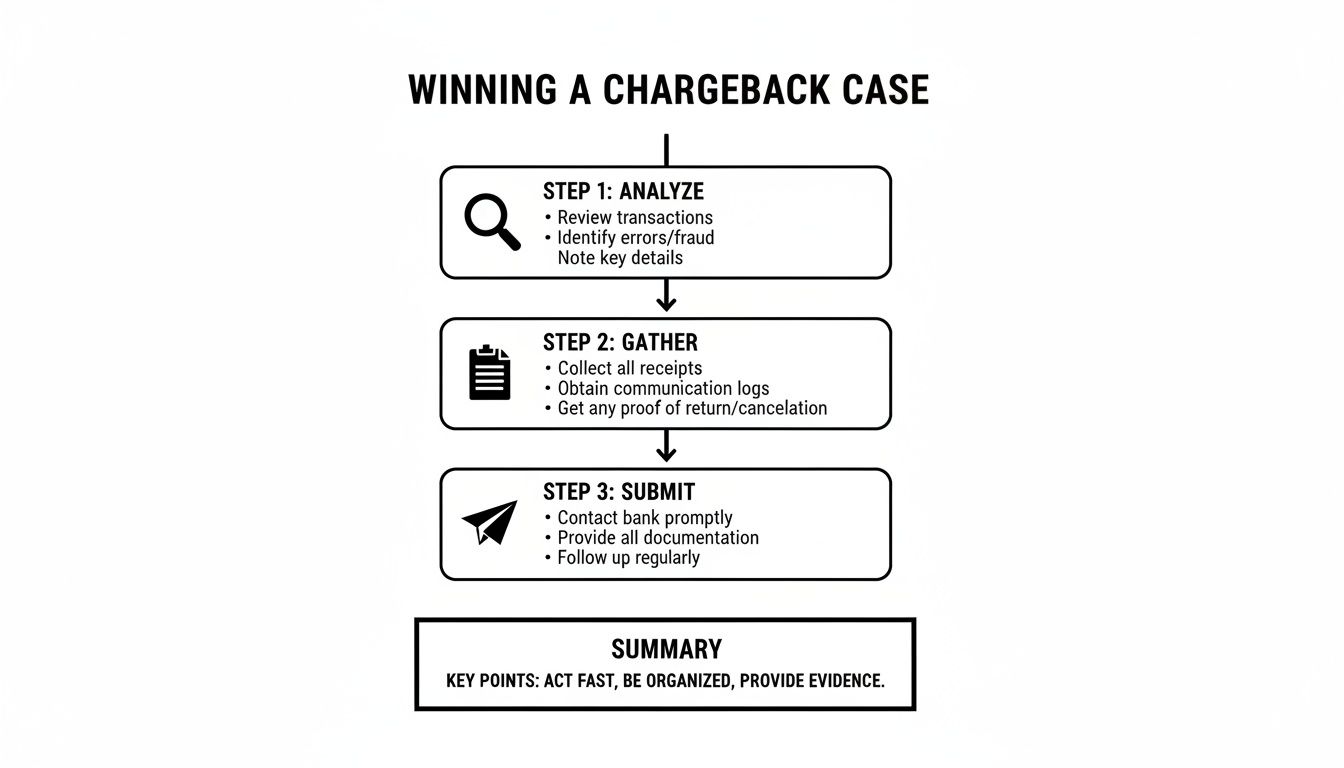 A flowchart detailing three steps to win a chargeback case: analyze, gather, and submit.