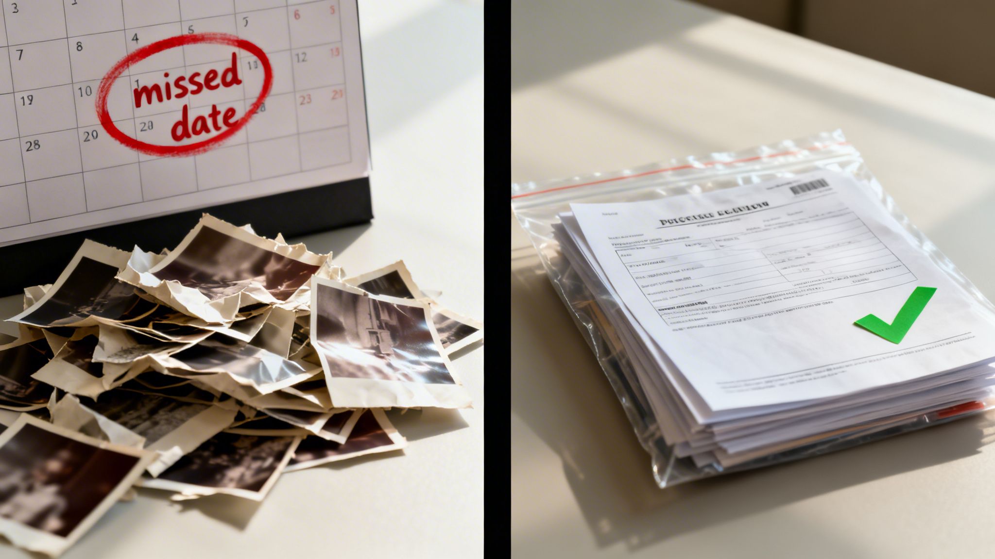 A visual contrast: old photos and a missed date calendar versus organized, approved documents.
