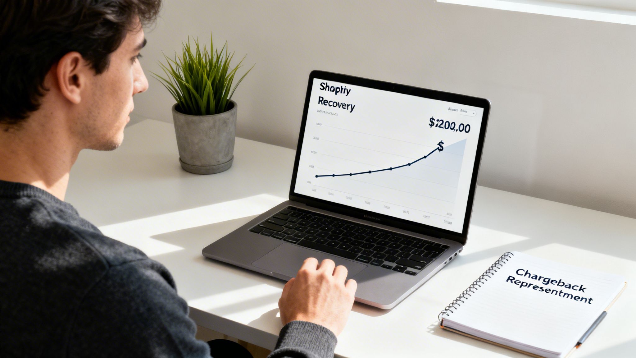 Man viewing a laptop displaying Shopify recovery data, with a 'Chargeback Representment' notebook on a white desk.