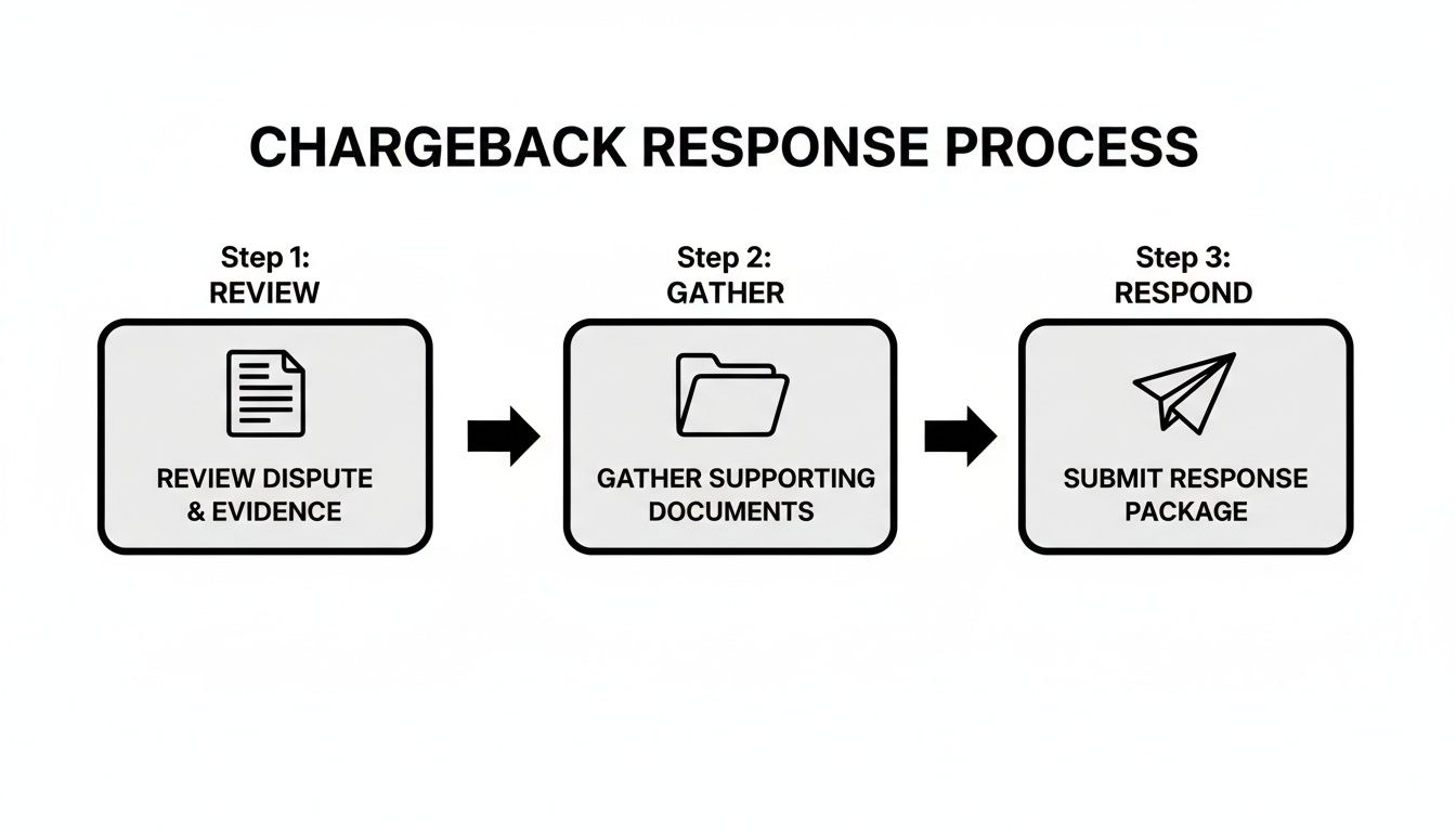 A flowchart illustrating the three-step chargeback response process: review, gather, and respond.