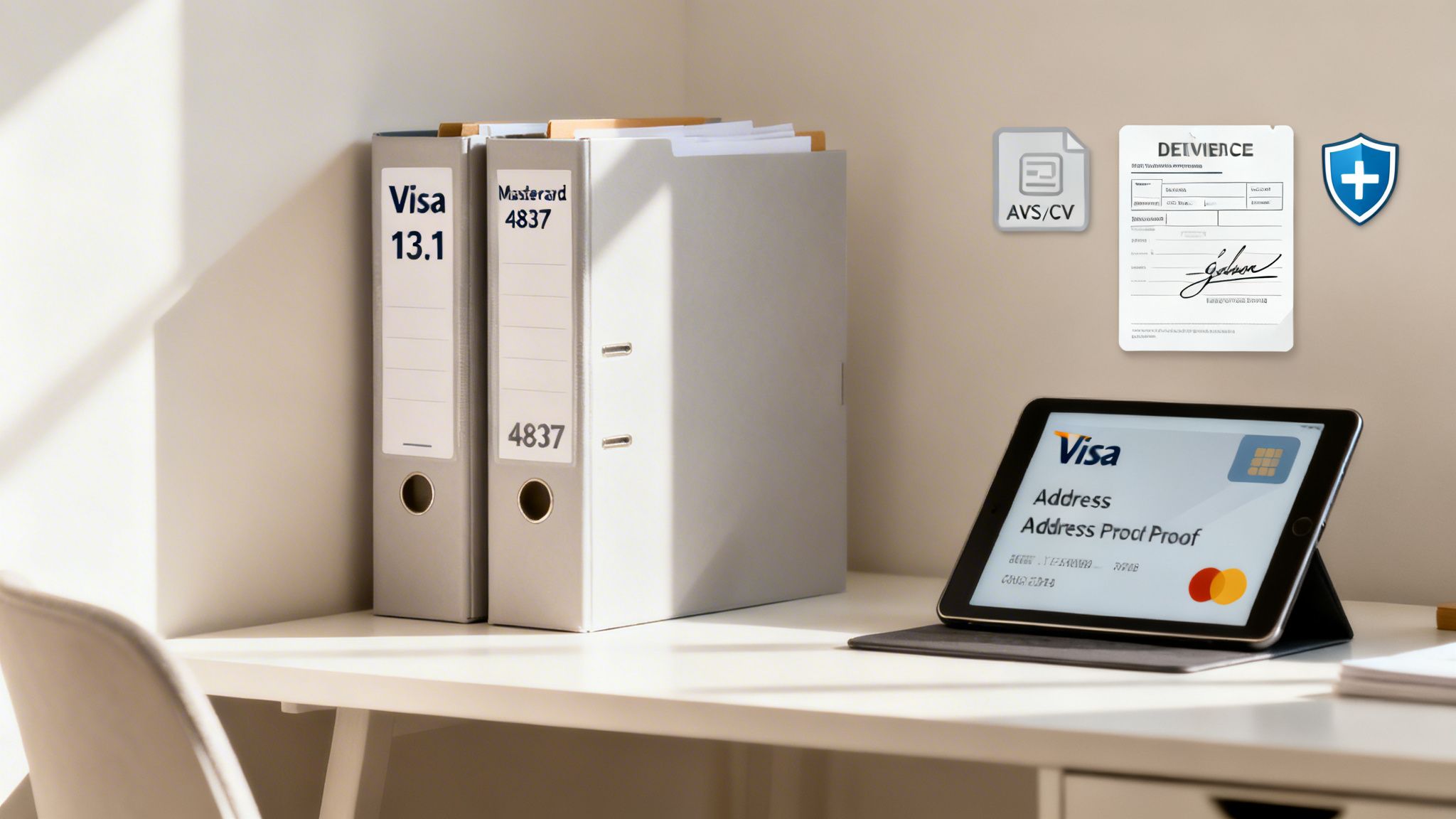 A desk with binders labeled Visa and Mastercard, a tablet showing a Visa address proof, and security icons.