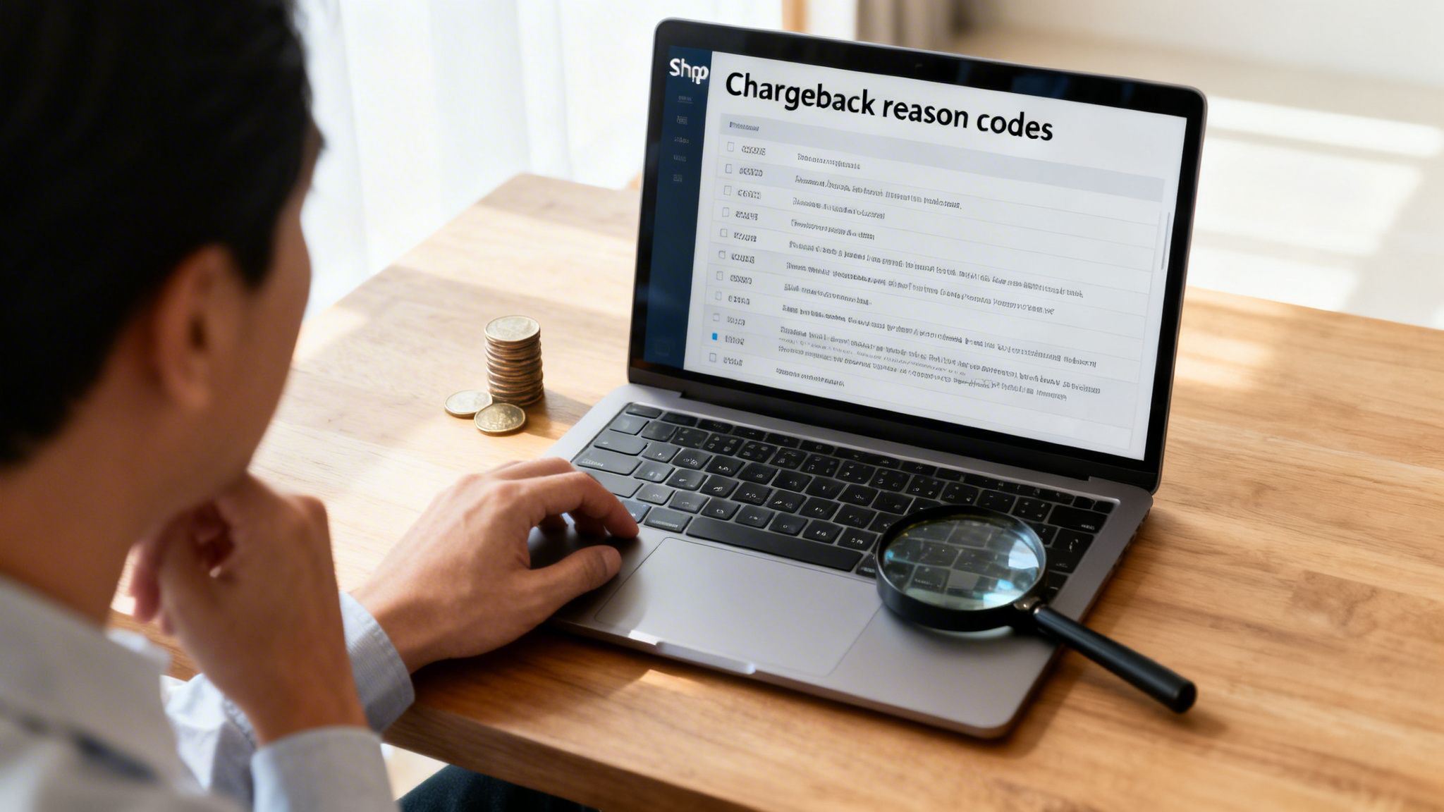 Person analyzing chargeback reason codes on a laptop with coins and a magnifying glass.