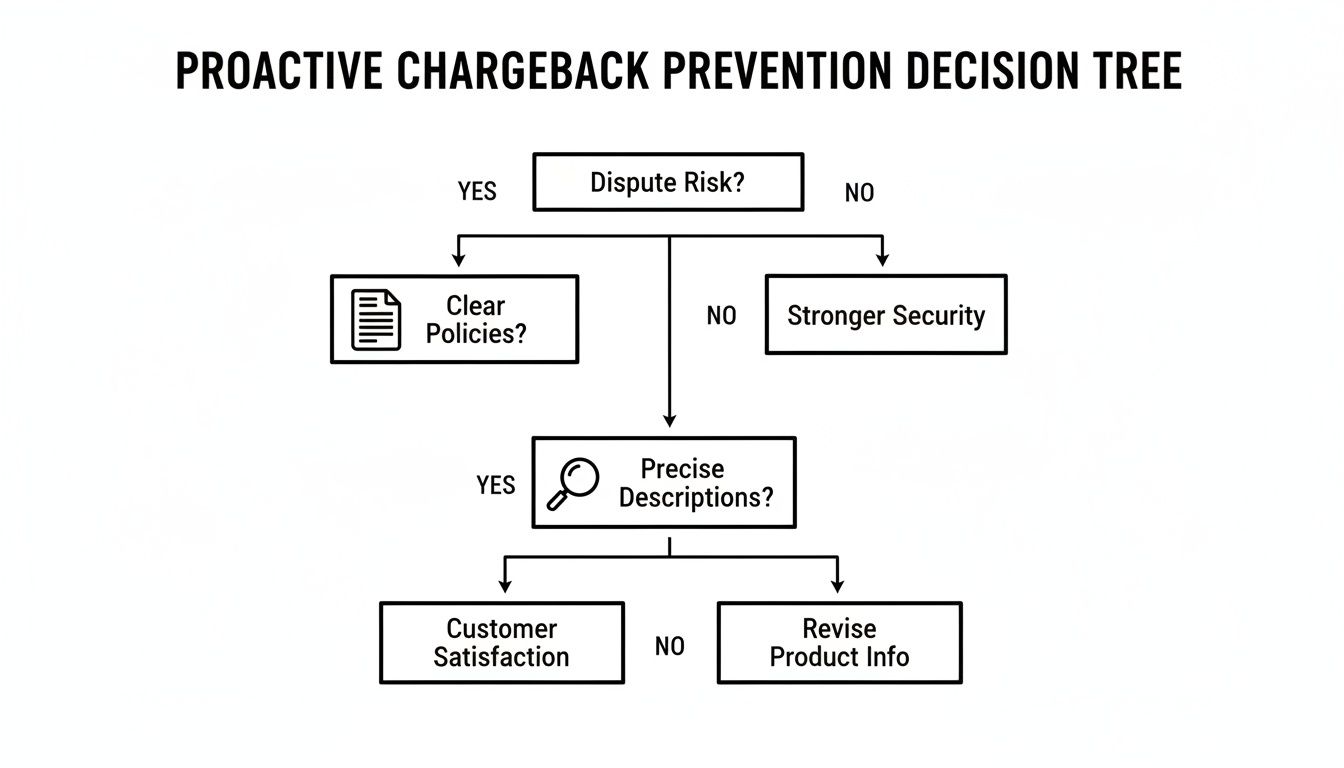 A decision tree flowchart outlining proactive steps for chargeback prevention, from dispute risk to customer satisfaction.