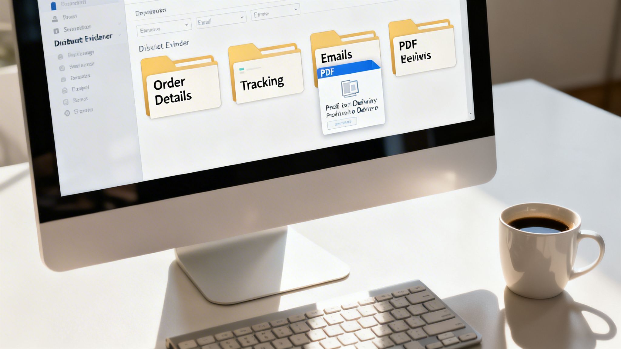 A computer monitor displaying digital folders like 'Order Details', 'Tracking', and 'Emails' on a white desk with a coffee mug and keyboard.
