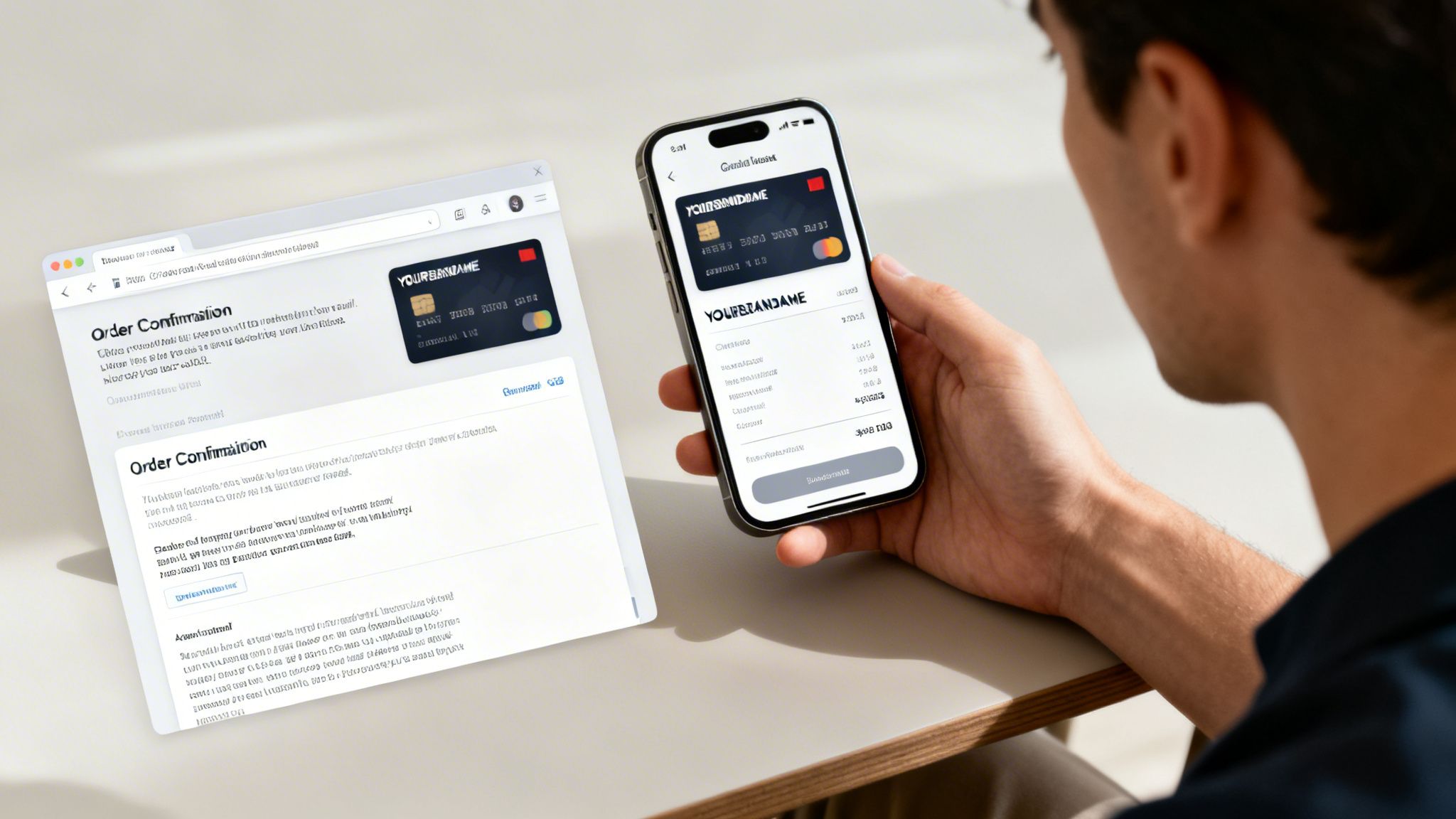A person holds a smartphone displaying a credit card, while a laptop shows an order confirmation page.