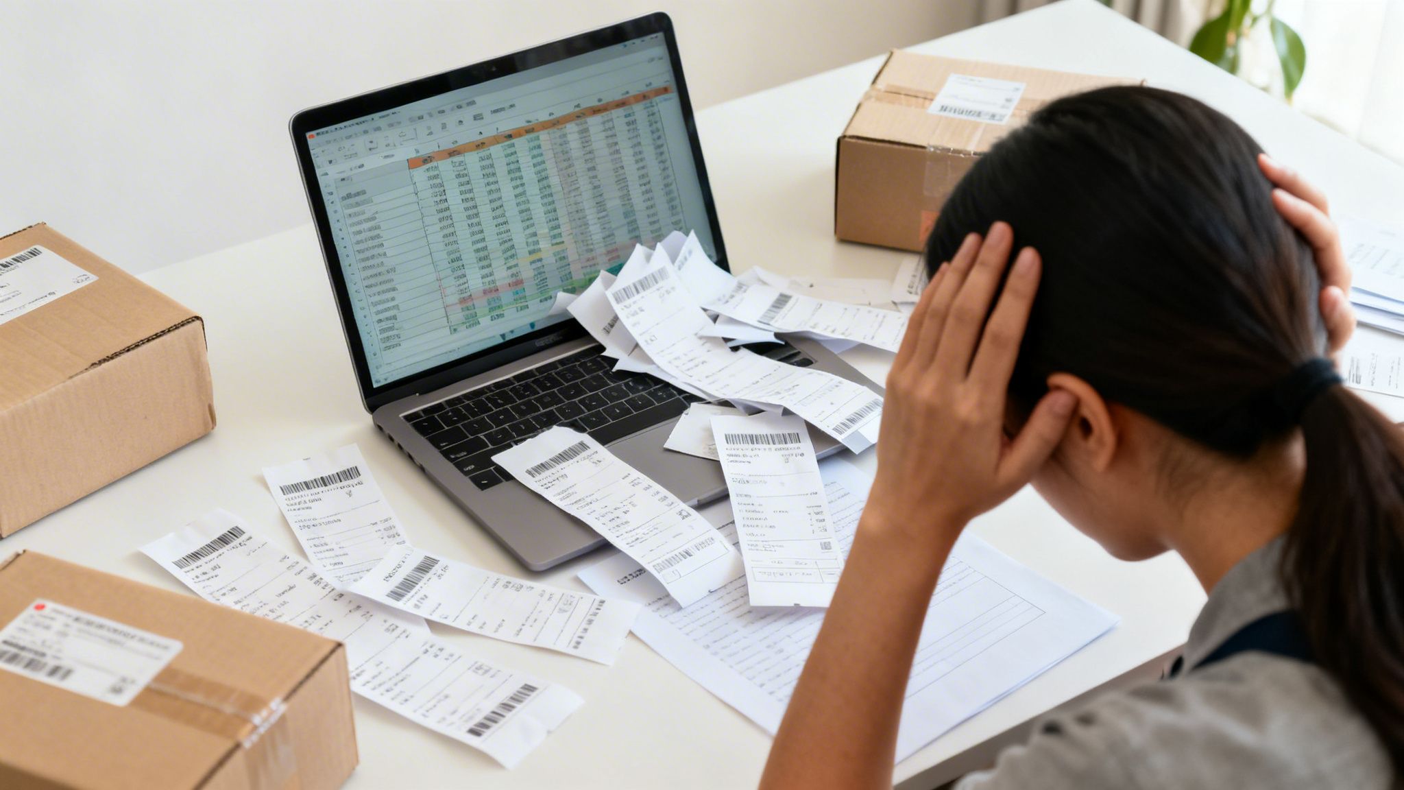 Stressed individual grappling with financial documents, receipts, and a laptop at a desk.