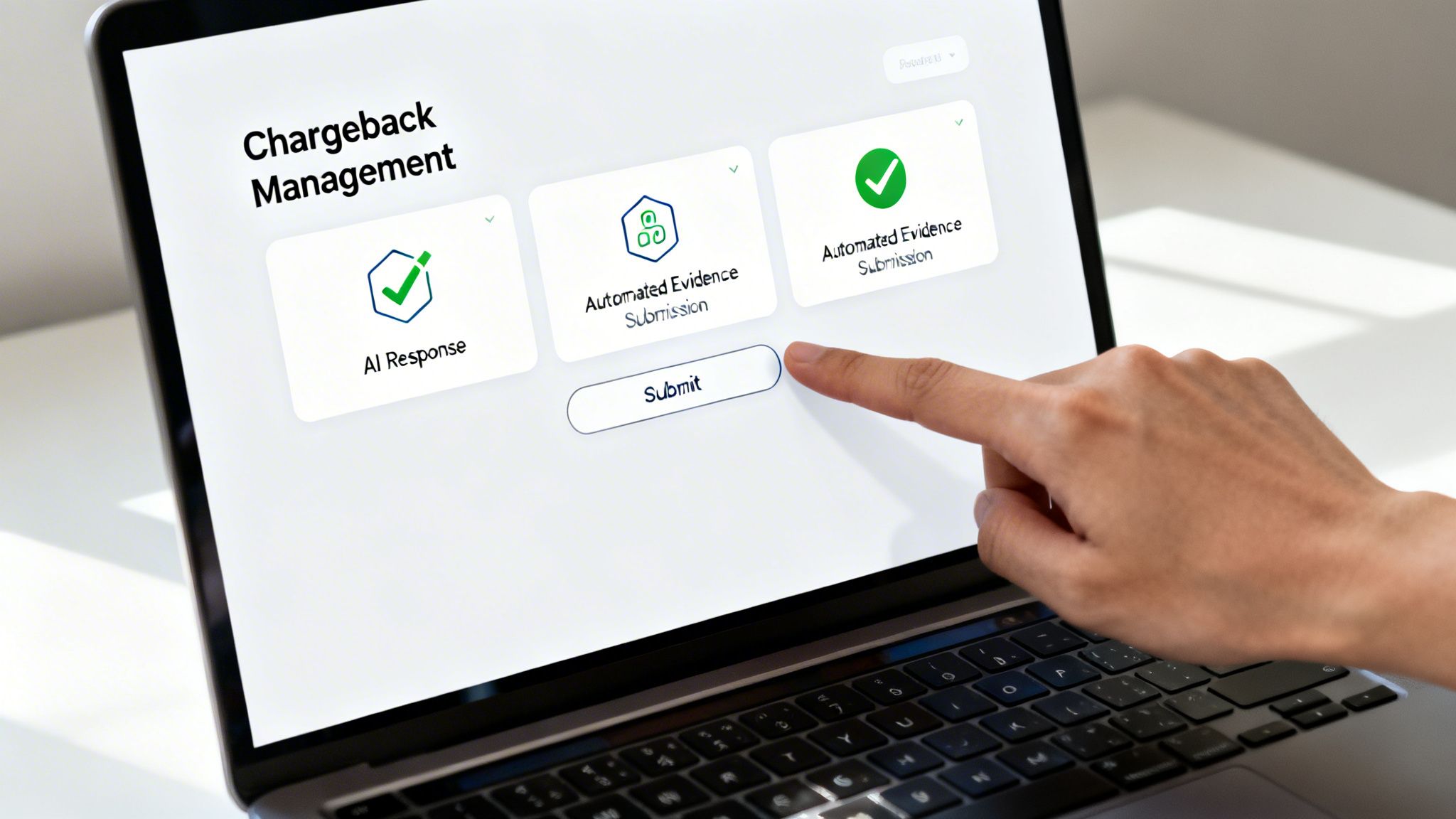 A hand points to the 'Submit' button on a laptop screen displaying chargeback management software.