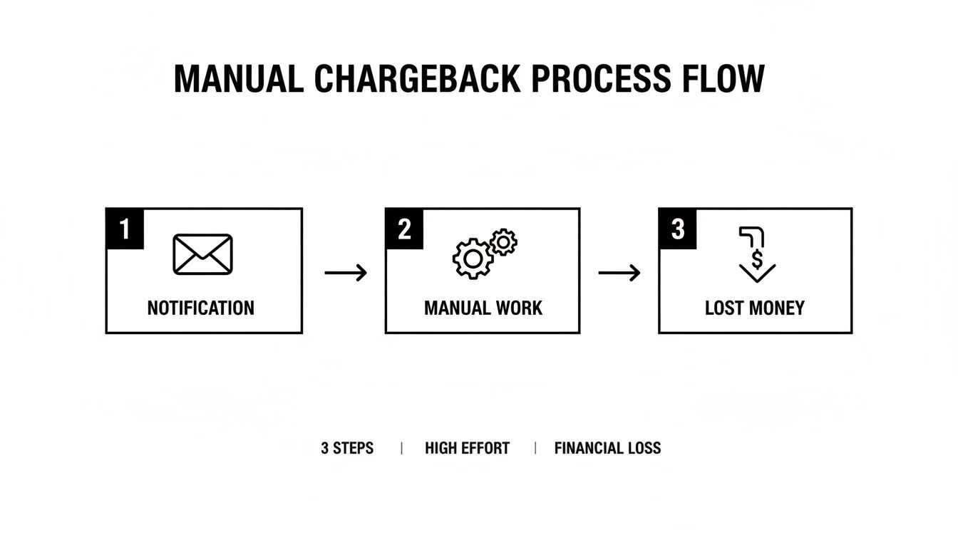 Flowchart showing a manual chargeback process with notification, manual work, and lost money resulting in financial loss.