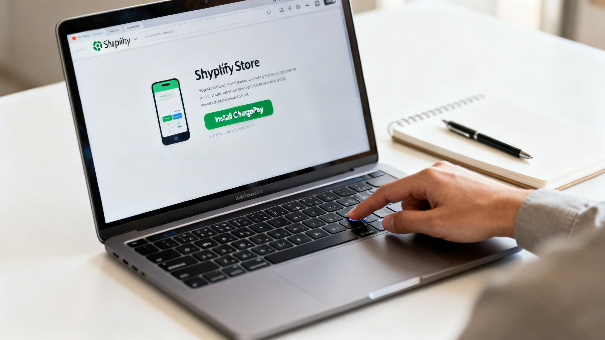 A person's hand types on a laptop displaying a Shyplify Store webpage with an 'Install ChargePay' button.