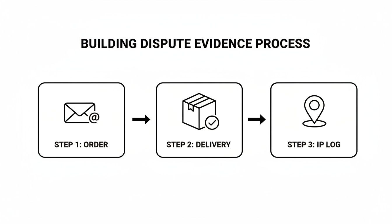 A process flow diagram illustrating steps for building dispute evidence: order, delivery, and IP log.