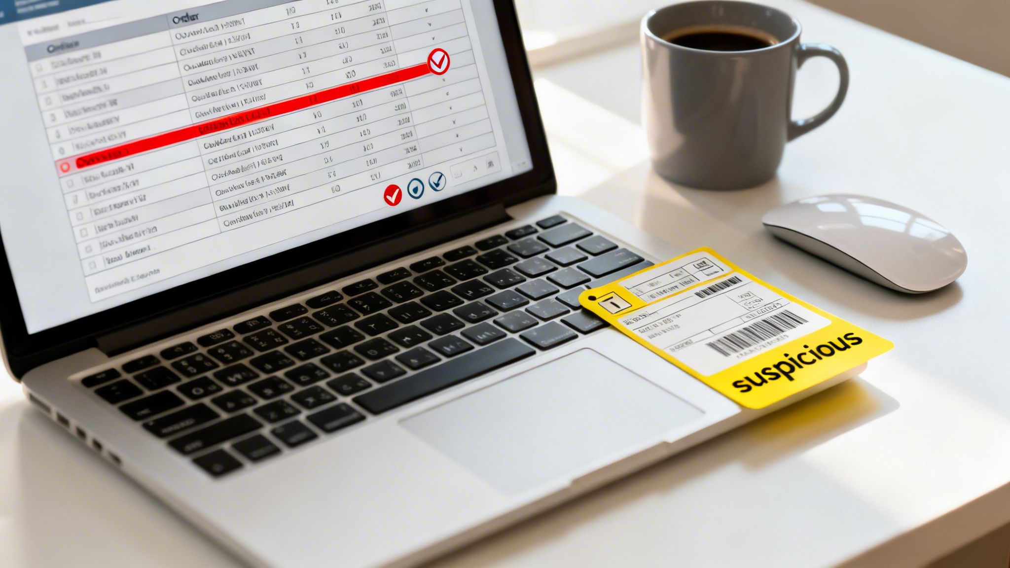 Laptop displaying an order screen with a red-highlighted suspicious order and a yellow 'suspicious' tag.