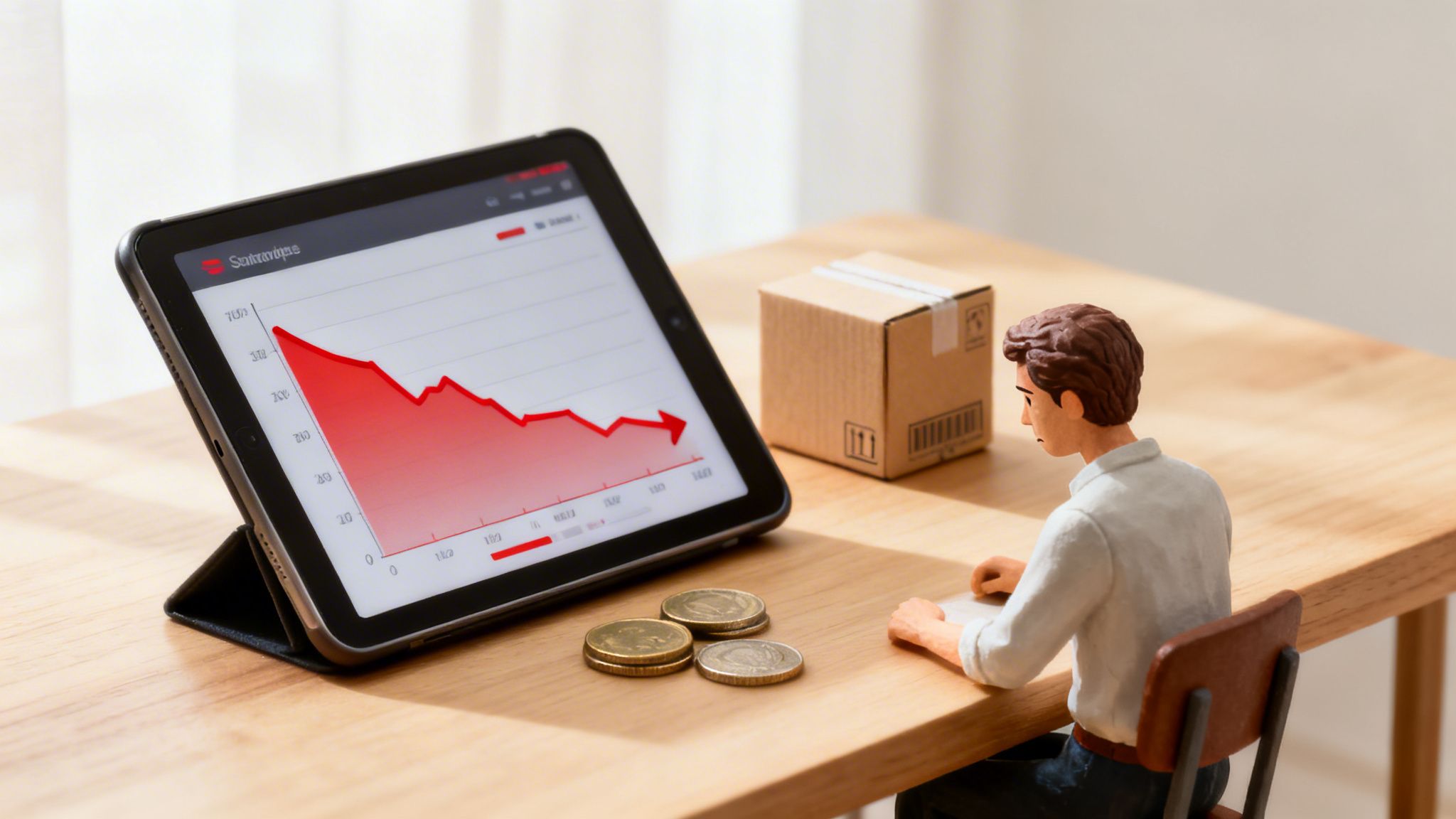 Miniature man observes a downward trend graph on a tablet, with coins on the table.