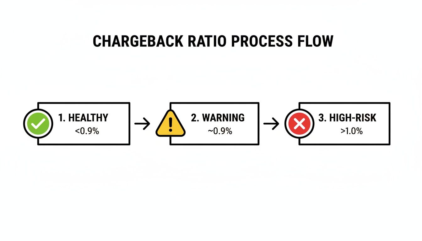 Flowchart illustrating chargeback ratio process: Healthy (<0.9%), Warning (~0.9%), and High-Risk (>1.0%).
