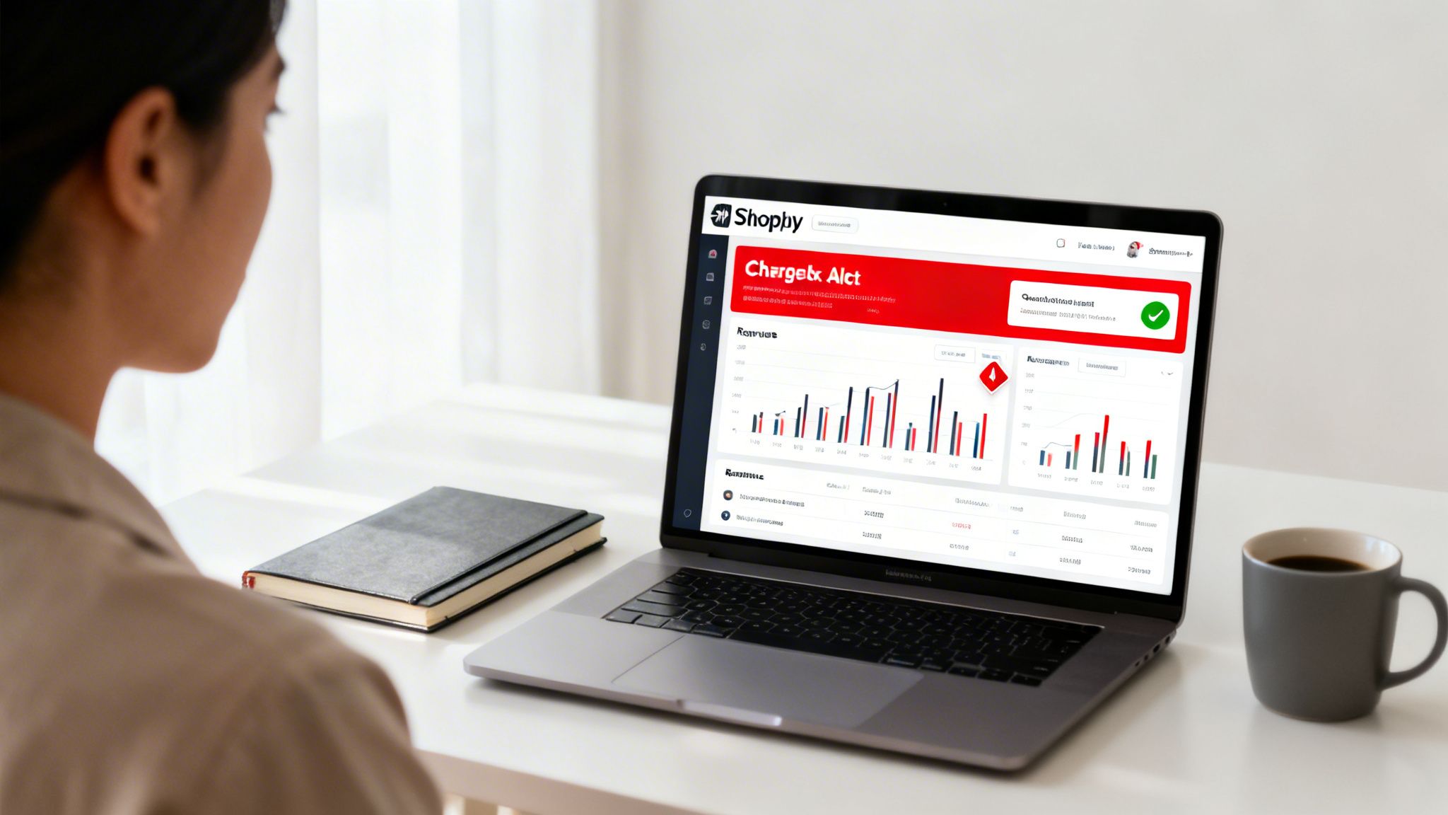 A person views a laptop displaying a business dashboard with 'Chargeback Alert' and analytics. A notebook and coffee are on the desk.