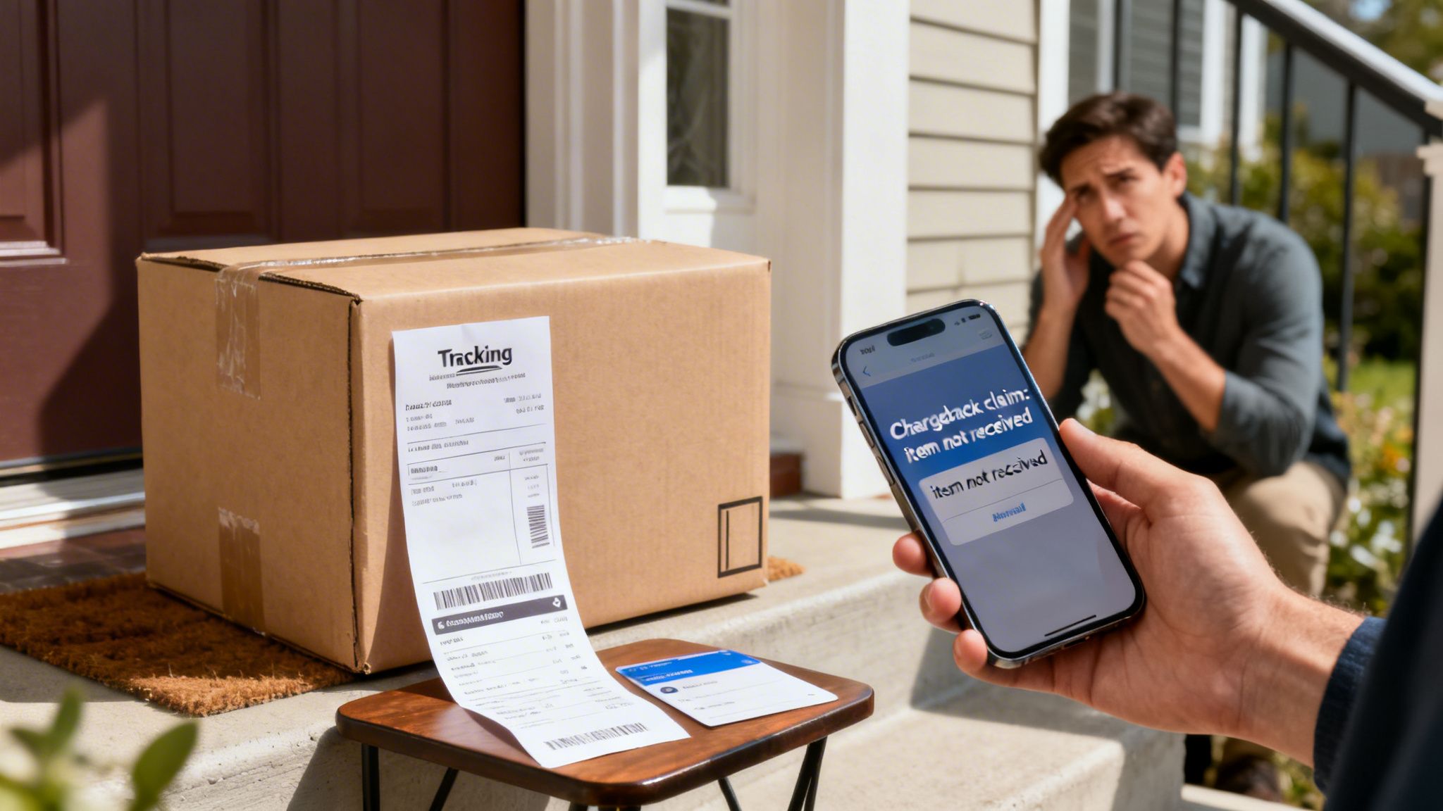 A person holding a smartphone showing a 'Chargeback claim: item not received' message, near a delivered package and a worried man.