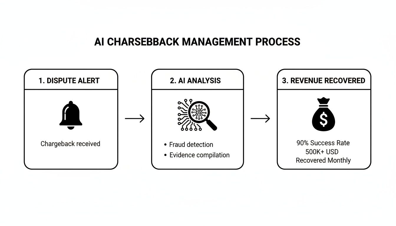 Flowchart showing an AI chargeback management process from dispute alerts to revenue recovery.