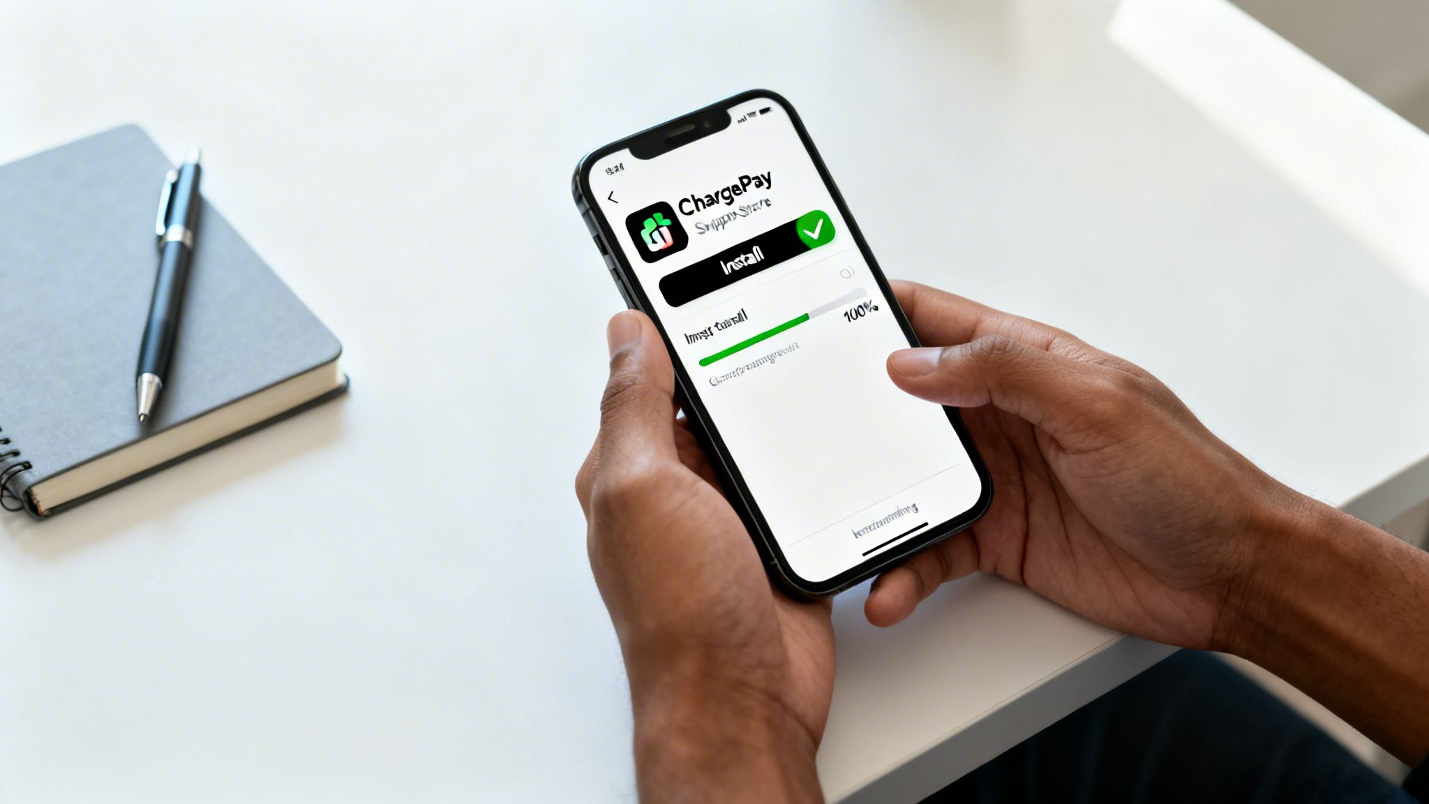 Hands holding a smartphone displaying the 'ChargePay' app with 100% installation progress on a white desk.