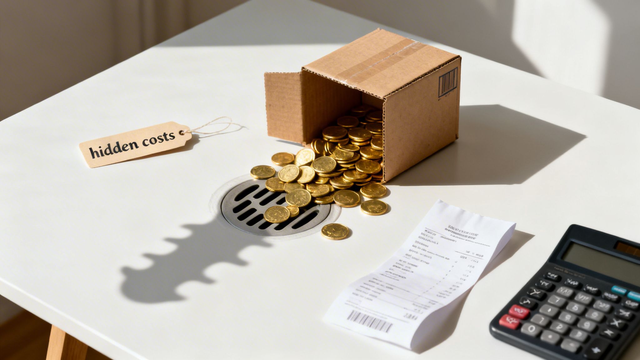 Gold coins spill from a cardboard box towards a drain, next to a 'hidden costs' tag, receipt, and calculator.