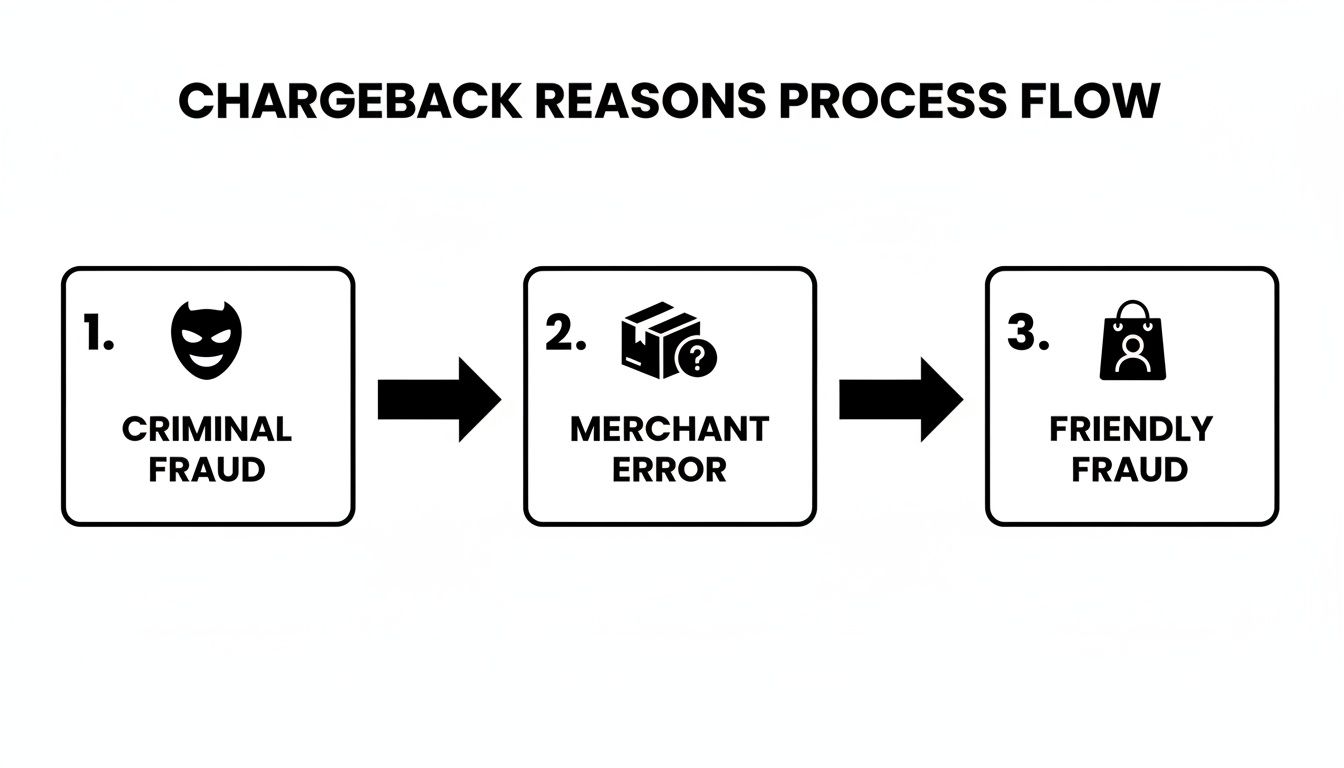 A flow diagram illustrating three main chargeback reasons: criminal fraud, merchant error, and friendly fraud.